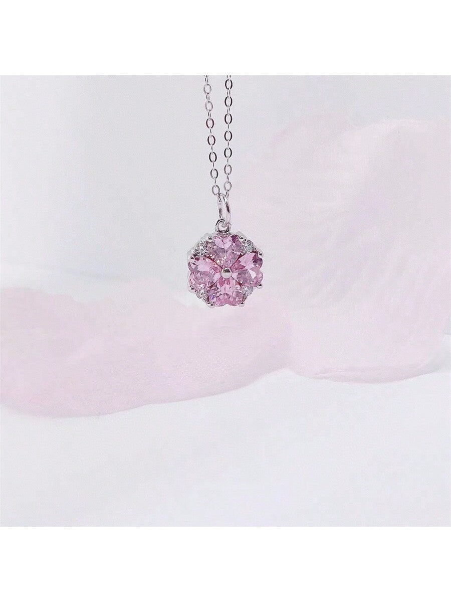 1pc Sterling Silver S925 Cherry Blossom Necklace With Cubic Zirconia, Valentine'S Day Gift For Women--1