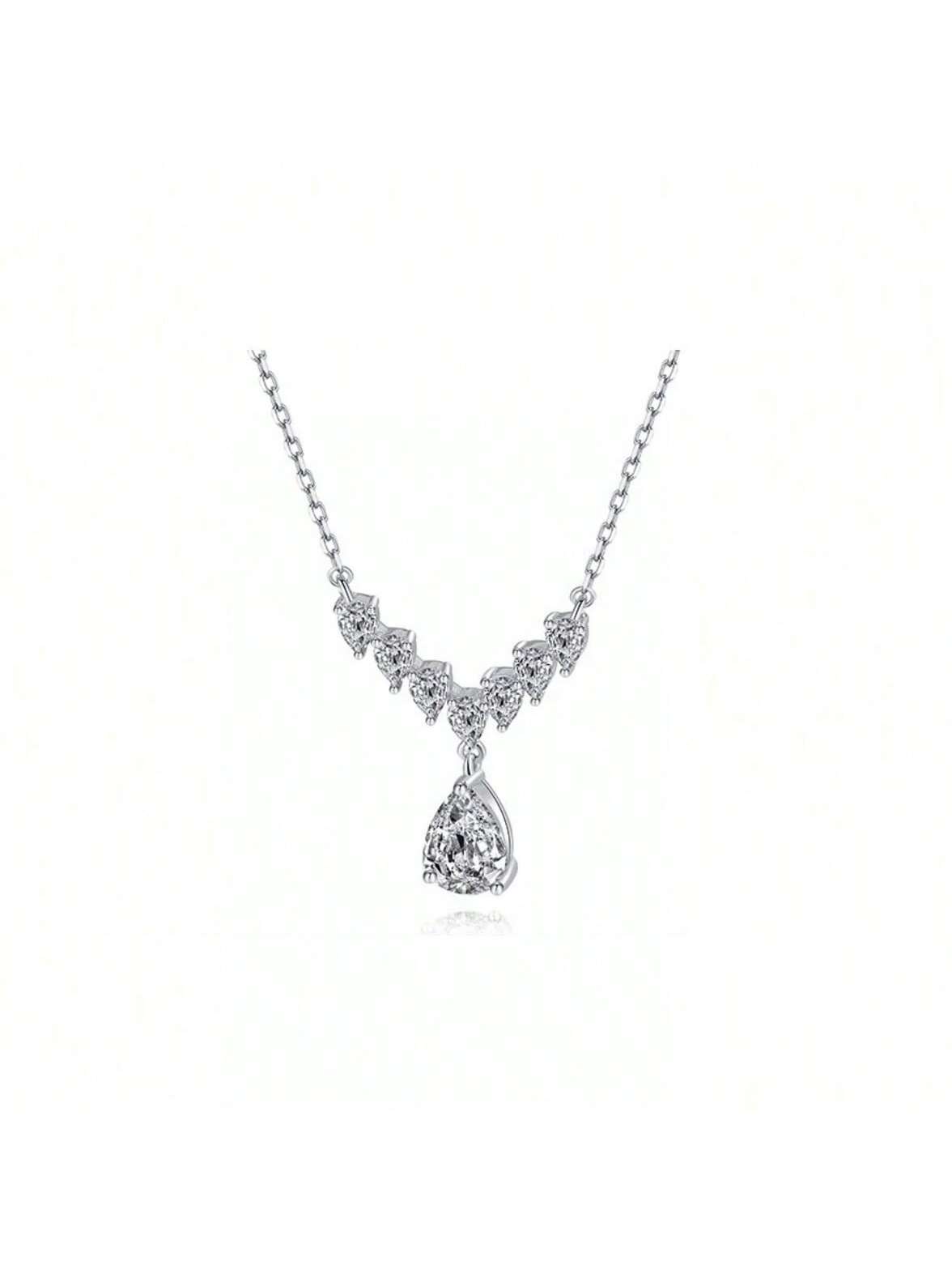 925 Sterling Silver Morganite & Rhinestone Decor Luxurious Teardrop Pendant Necklace For Women-Silver-1