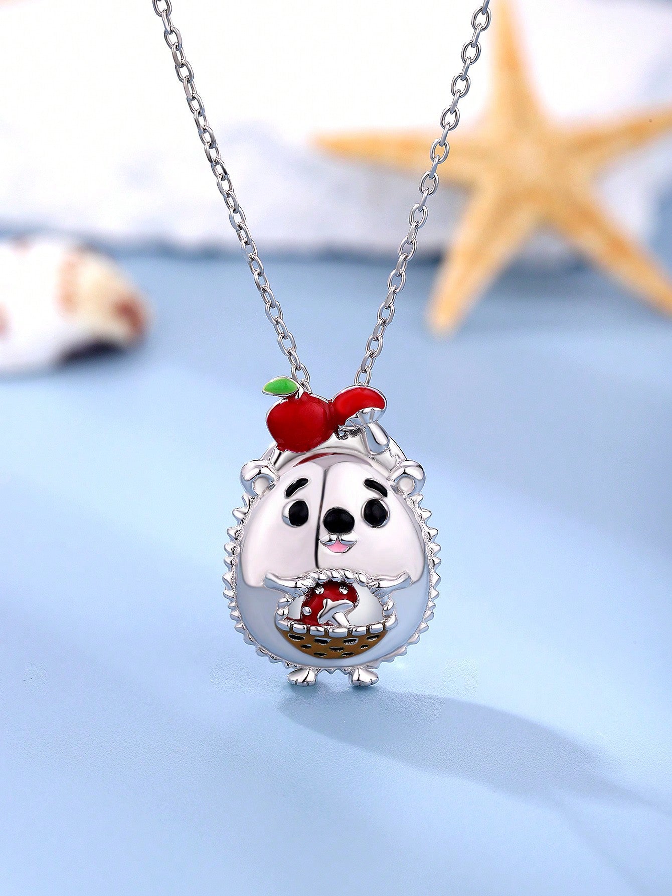 1pc Fashionable Exquisite High-End Jewelry White Gold Platinum Plated 925 Sterling Silver Cartoon Doll Pendant Necklace Featuring Red Apple And Gathering Mushrooms, Suitable For Daily Wear For Women, Thanksgiving & Mom/Grandma Gift, Simple &--1