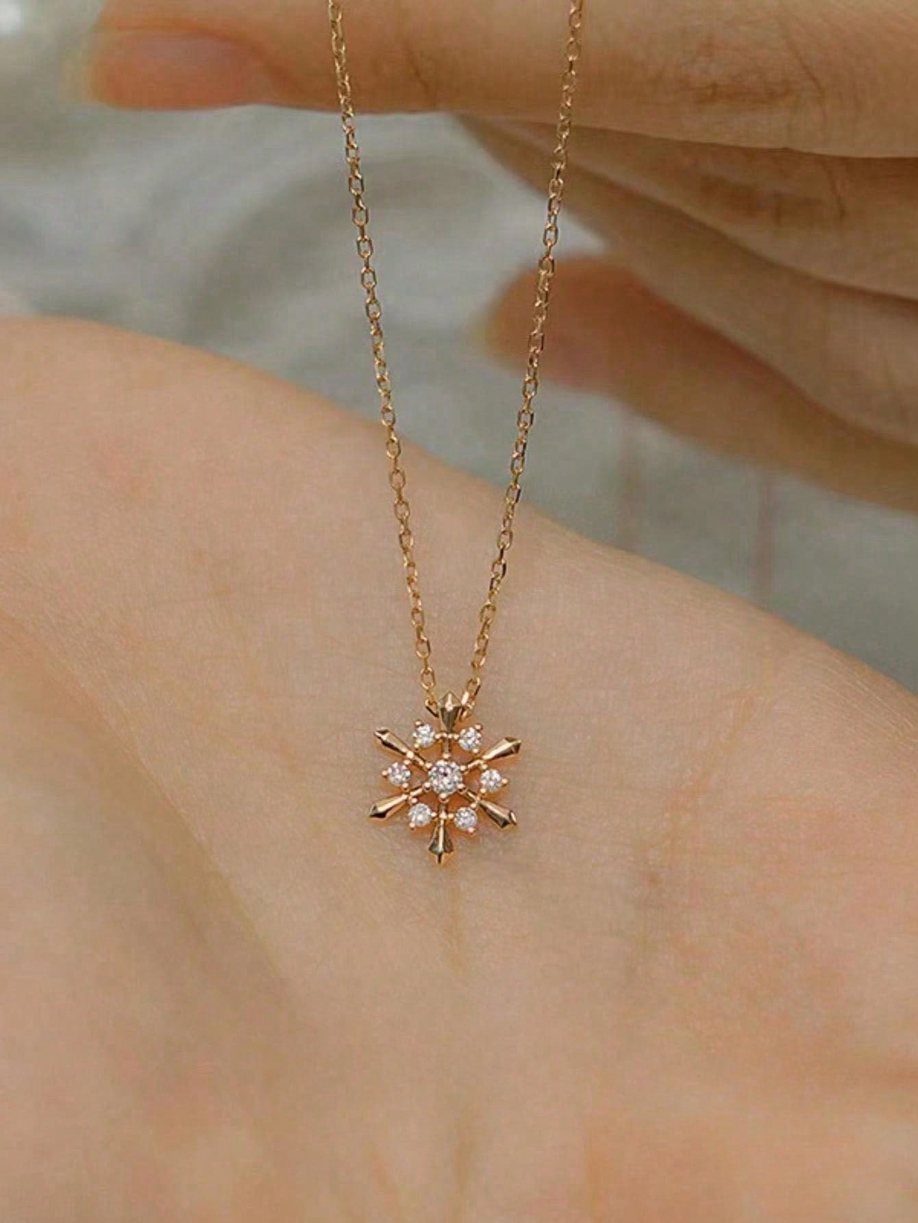 1pc Simple & Exquisite & High-End S925 Silver Plated Champagne Gold Snowflake Necklace For Women, With Stone, Perfect For Daily Wear & Gift Giving.-Champagne-1