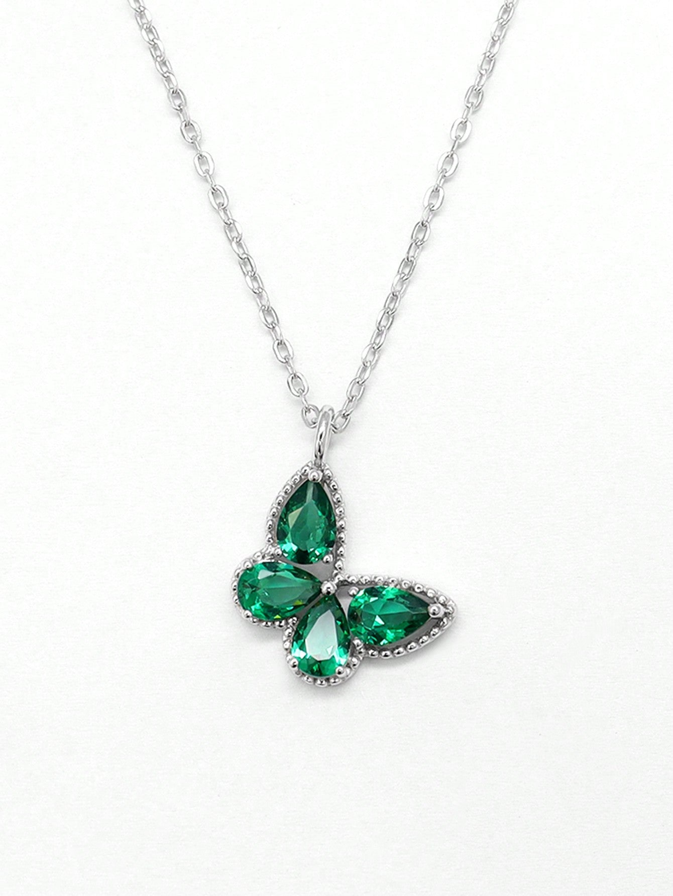 1pc Simple Green Synthetic Cubic Zirconia Butterfly Pendant 925 Sterling Silver Plated White Gold Necklace-Green-1