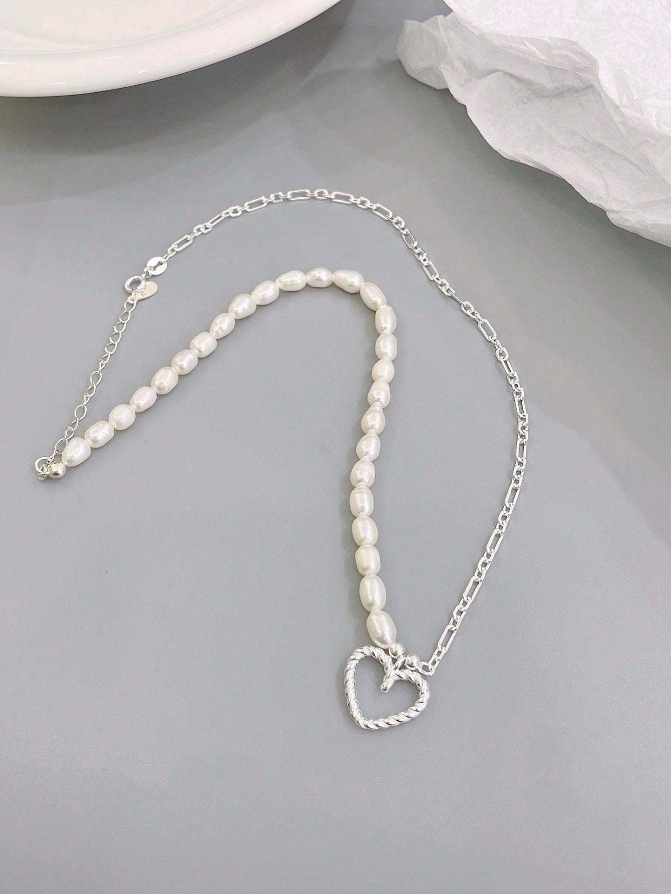 1pc Fashionable Ins Style S925 Sterling Silver Matching Natural Freshwater Pearl Heart-Shaped Asymmetrical Mother-To-Child Necklace, Original Handcrafted Design, Suitable For Women Daily Gathering, Parties, Thanksgiving, Mother'S Day Gift, Luxurious-Silver-1