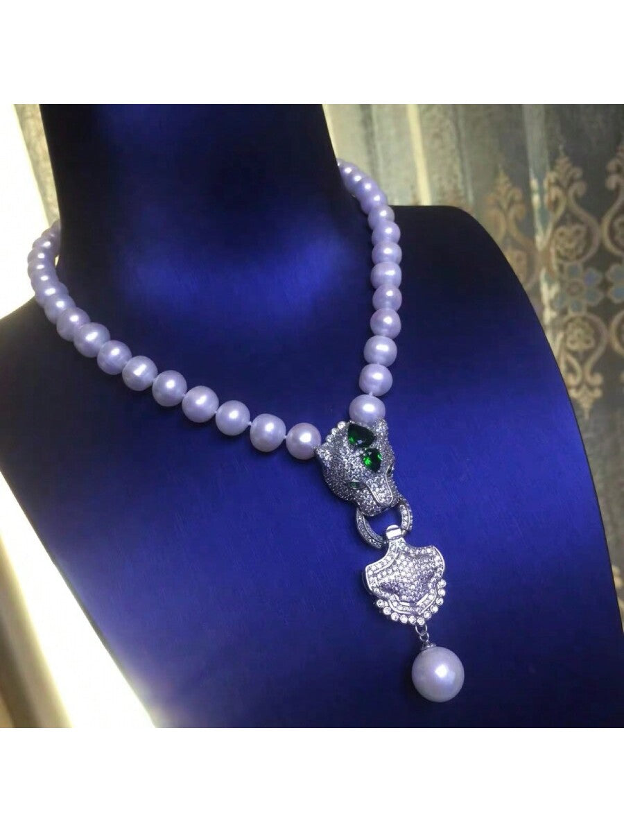 1pc Leopard Head Design Pearl Necklace With 14mm Big Pearl/Shell Pearl Pendant, Best Gift For Him/Her--1