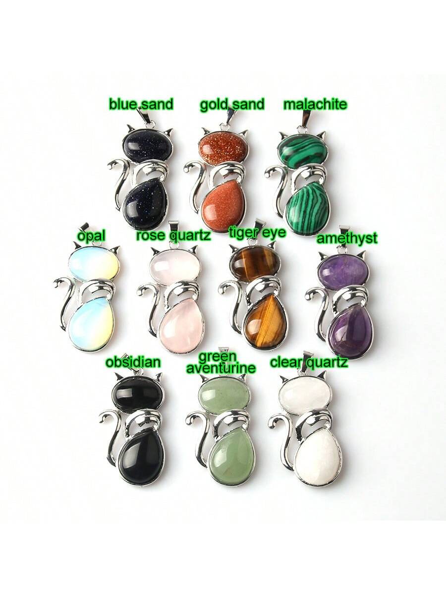 Natural Stone Crystal Cute Cat Pendant Necklace Fashion Gemstone Crystal Jewelry Women's Accessories--1