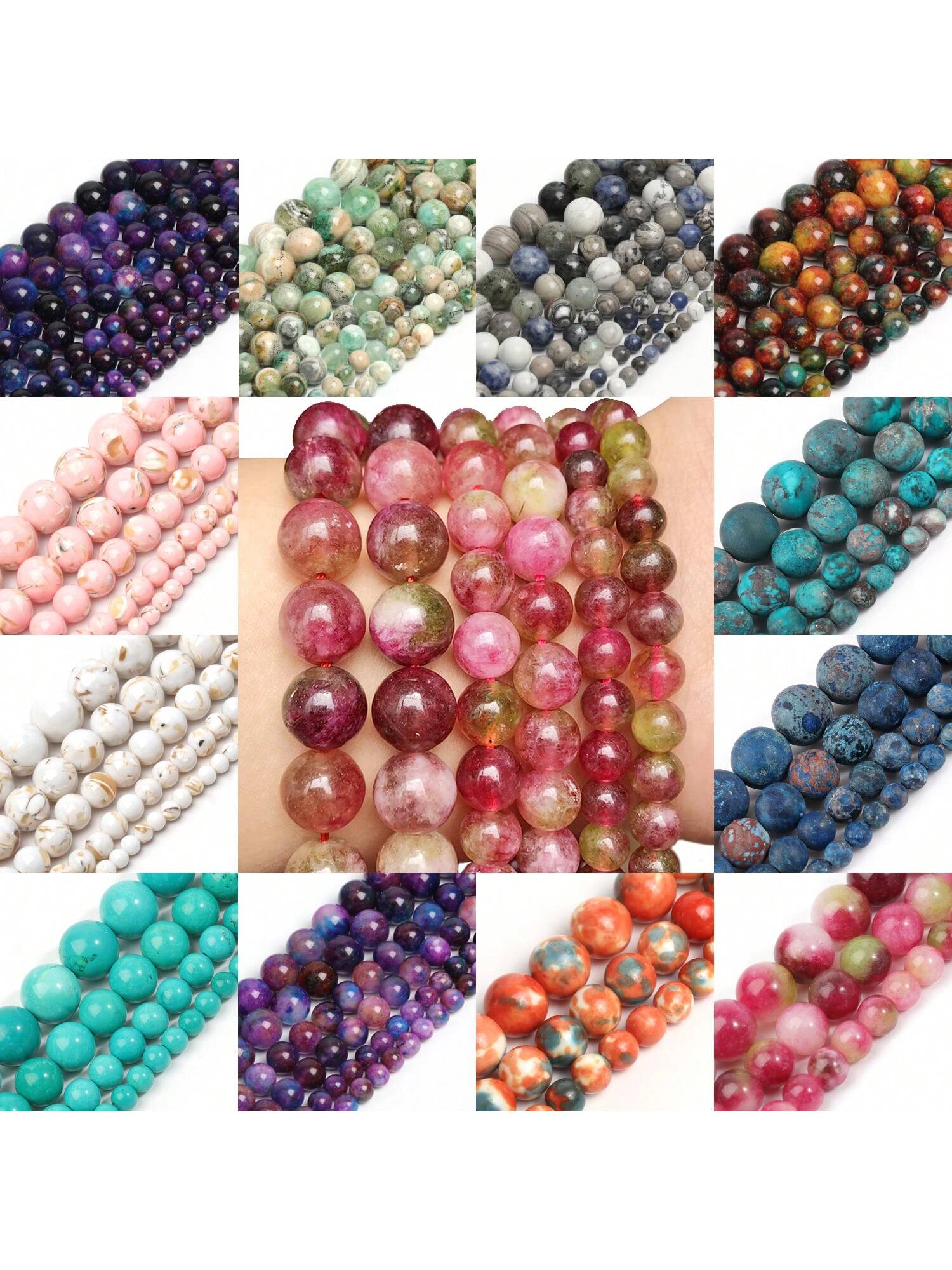 Natural Stone Volcanic Lava Stone 100% Natural Green Calcite Sugilite Healing Energy Stone Loose Spacer Beads For Jewelry Making DIY Gift Bracelets Necklace 15''-Multicolor-1