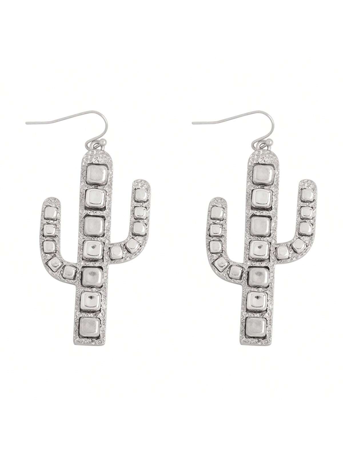 Cactus Metal Block Ccb Drop Earrings-MATTE SILVER-1