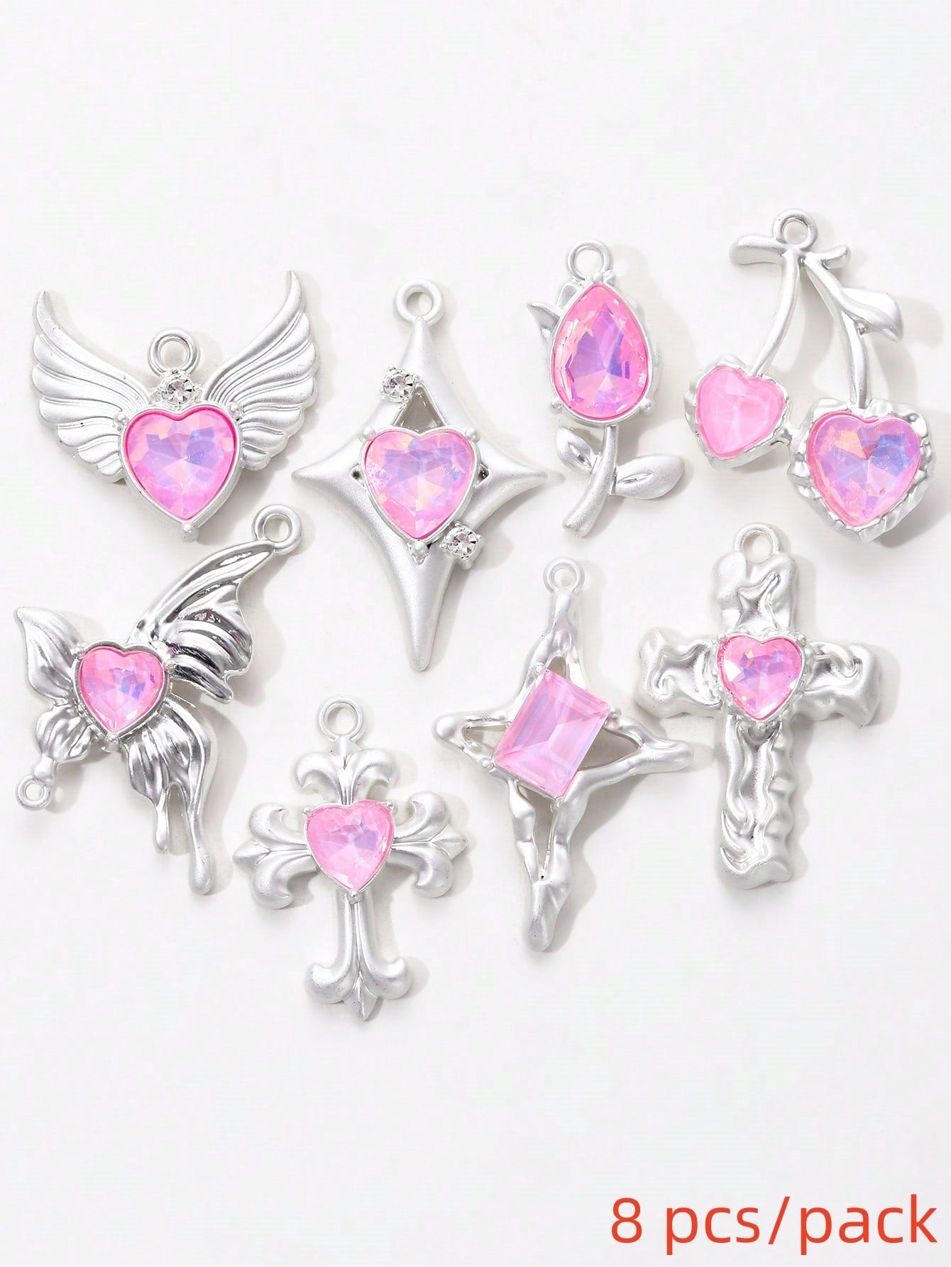 8pcs Random Sweet & Cool Rhinestone Inlaid Cross, Butterfly, Heart, Wings Shaped Y2k Style Pendants For Diy Necklace, Bracelet Making-Pink-1