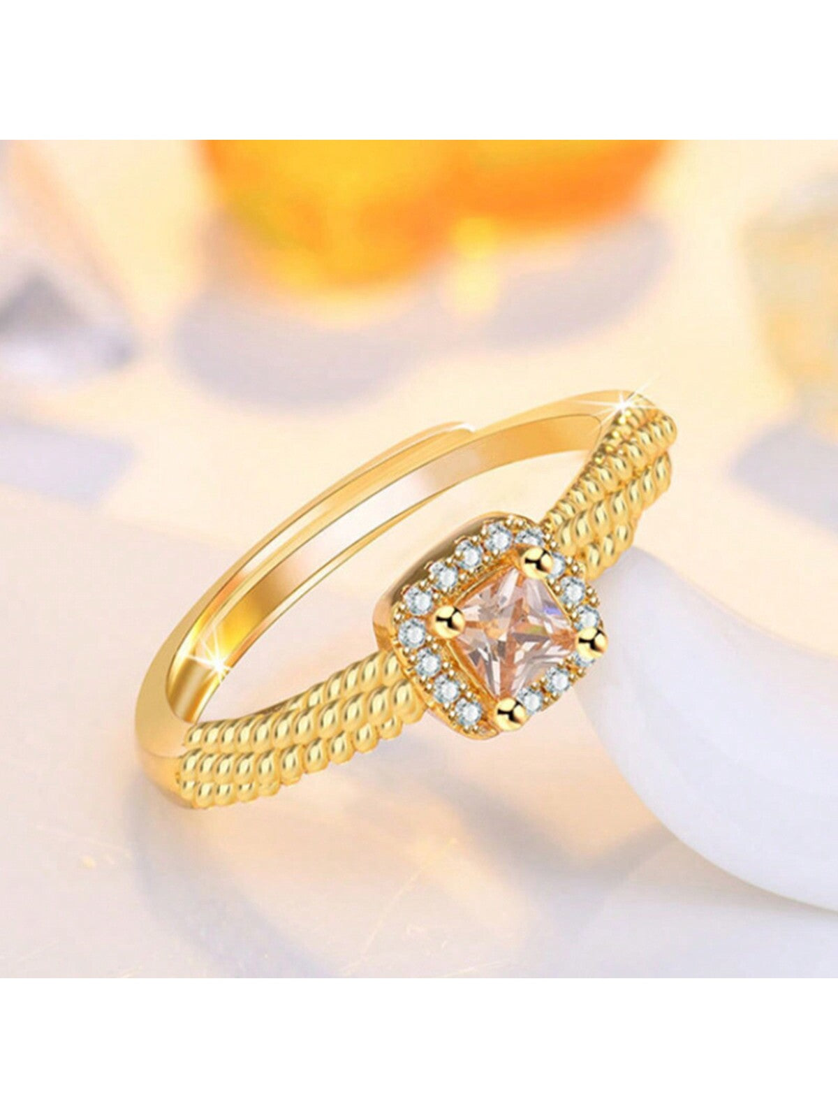 1pc Ladies Adjustable Ring, Size Free, Rose Gold Plated & Gold-color Rhinestone Studded Square Shaped Candy-colored Diamond Ring, Suitable For Wearing To Wedding, Party, Shopping, Date Or Daily Life-Gold-1