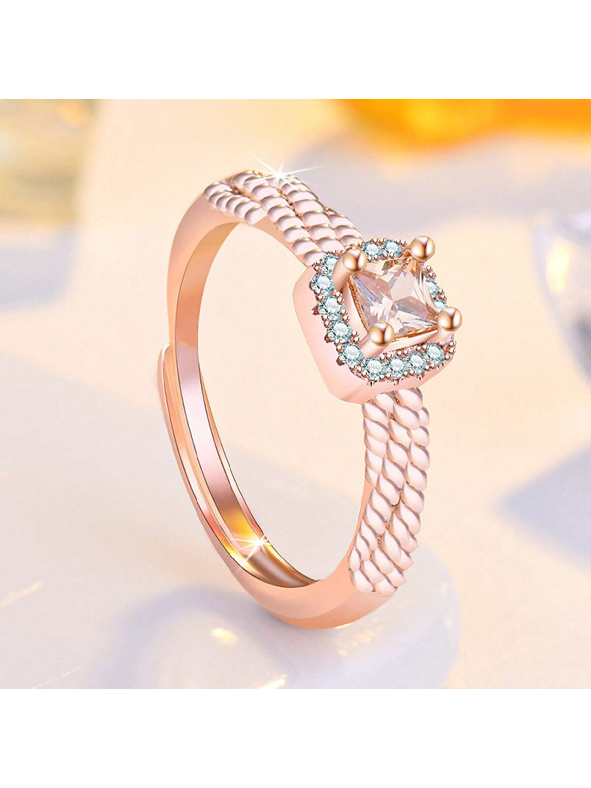 1pc Women'S Adjustable Open Ring, Rose Gold, Gold, Square Candy Colored Diamond, Suitable For Wedding, Party, Dating, Daily Life-Rose Gold-1