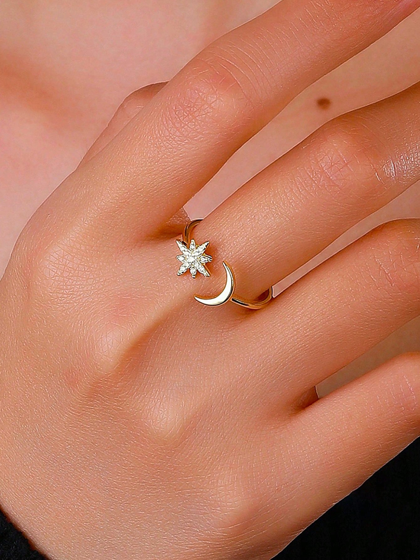 1pc Fashionable Simple Exquisite Elegant Trendy Star & Moon Design Basic Ring, For Festival, Wedding, Party, Daily Wear, Showcase Ladylike Silver & Zirconia High-End Ring-Yellow Gold-1