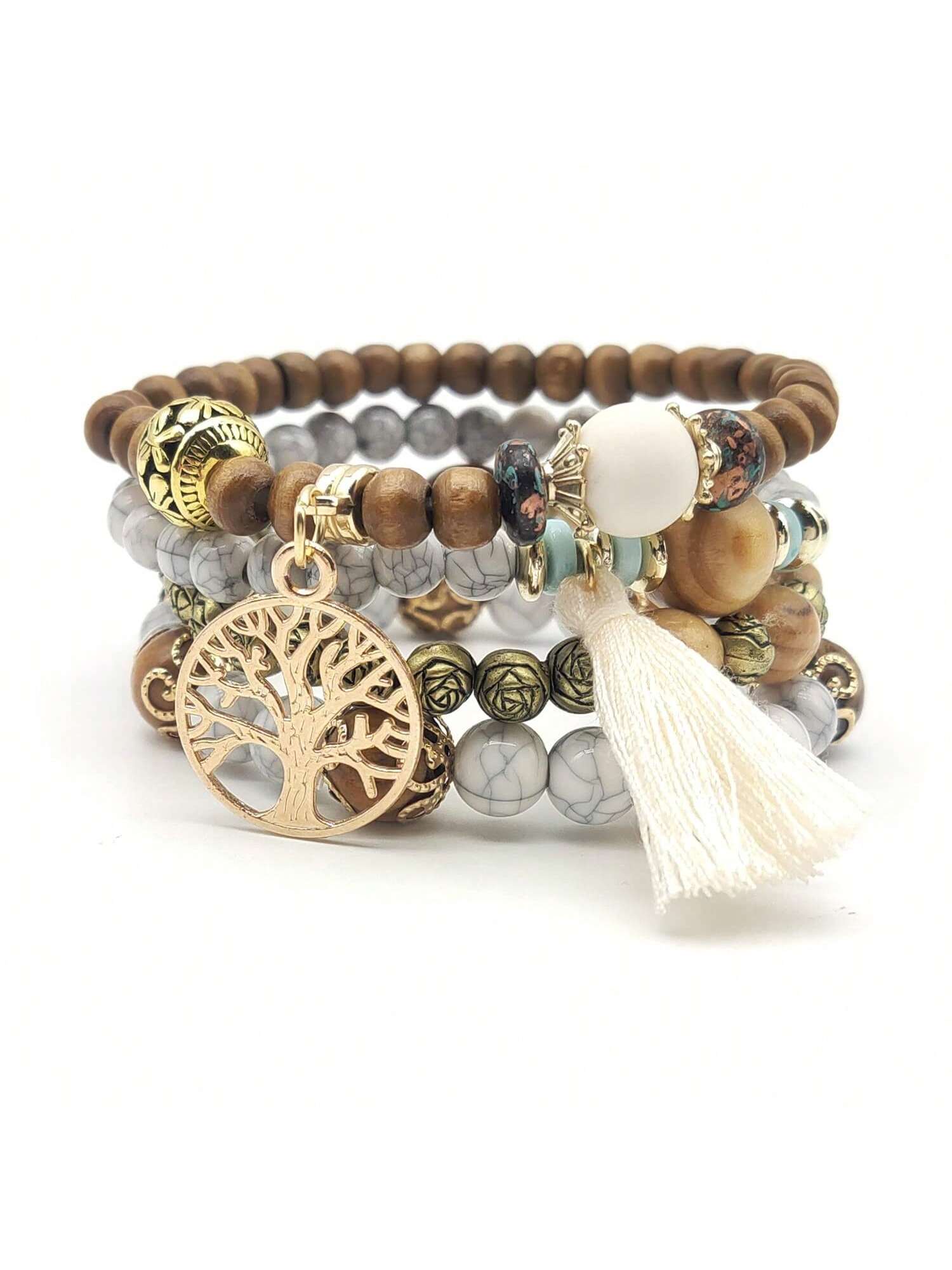 Boho 4 Pieces Layered Beaded Stretch Stackable Bracelet Multicolor Tree Of Life Pendant Tassel Bracelet Vintage Bracelet Set-Wooden Beads Beige-1