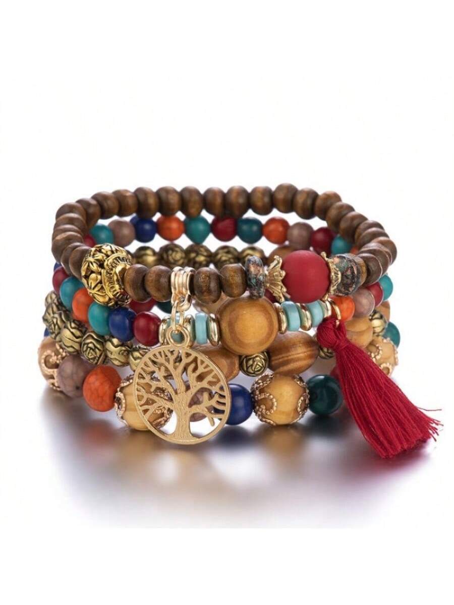 Boho 4 Piece Layered Beaded Stretch Stackable Bracelet Multicolor Tree Of Life Pendant Tassel Bracelet Vintage Bracelet Set-Wooden Beads Dark Mix-1