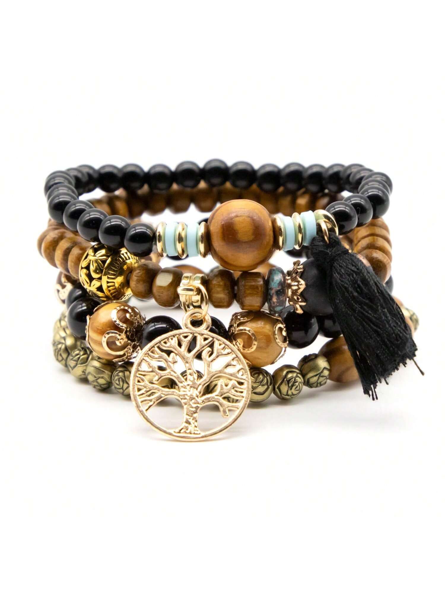 Boho 4 Piece Layered Beaded Stretch Stackable Bracelet Multicolor Tree Of Life Pendant Tassel Bracelet Vintage Bracelet Set-Wooden Beads Black-1