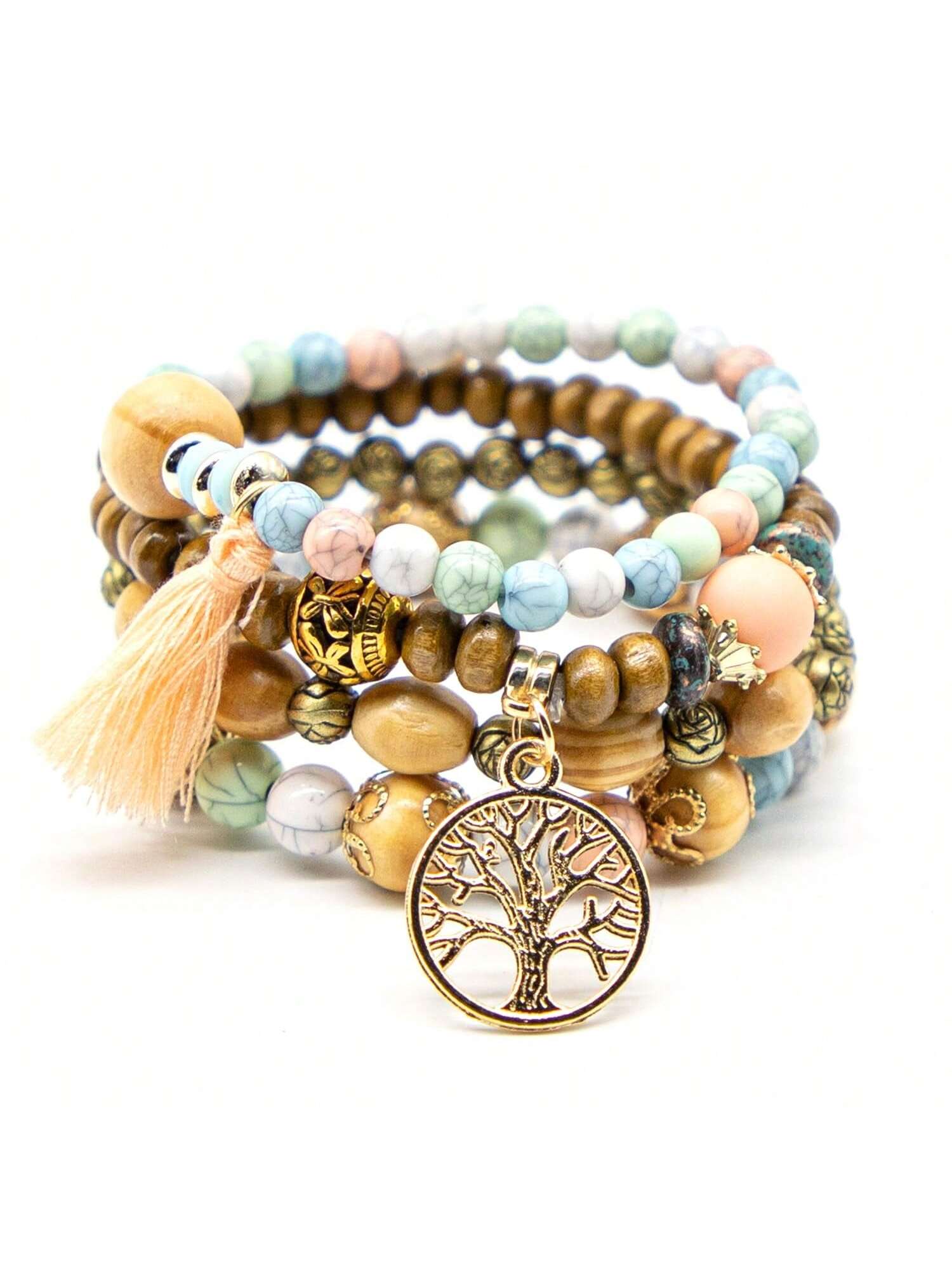 Boho 4 Piece Layered Beaded Stretch Stackable Bracelet Multicolor Tree Of Life Pendant Tassel Bracelet Vintage Bracelet Set-Wooden Beads Light Mix-1