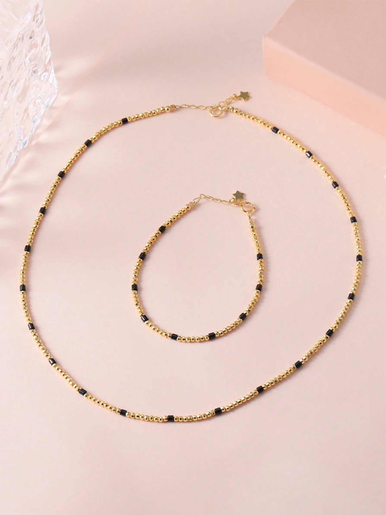 1pc European & American Style S925 Sterling Silver Gold-Color Beaded Pendant Necklace & Bracelet Set, Original Design, Fashionable Accessory For Women'S Daily Wear. Perfect Jewelry Gift For Girls, Women Or Wife On Valentine'S Day-Yellow Gold-1