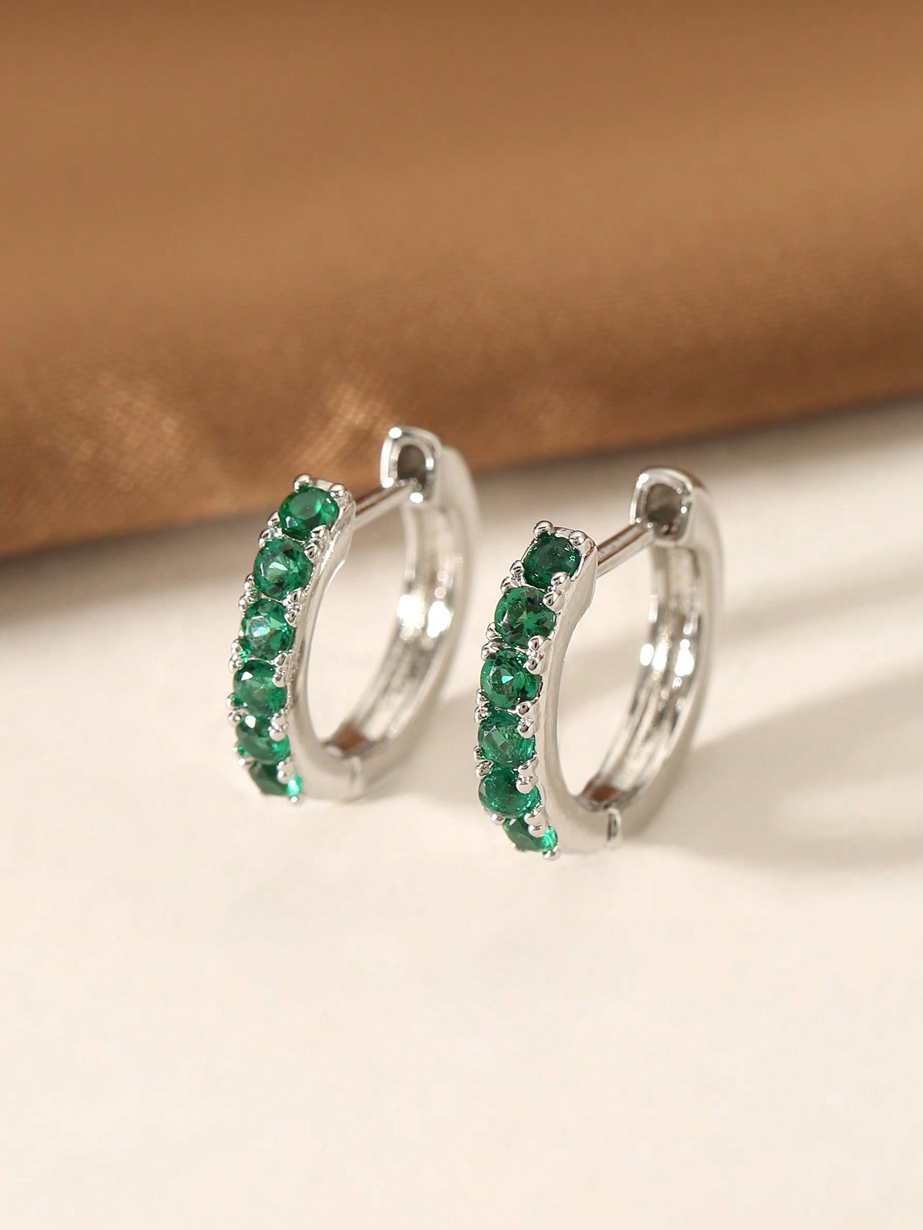 2pcs Fashionable Simple Micro-Set Colored Zirconia Stud Earrings For Daily Wear, Women-Green-1