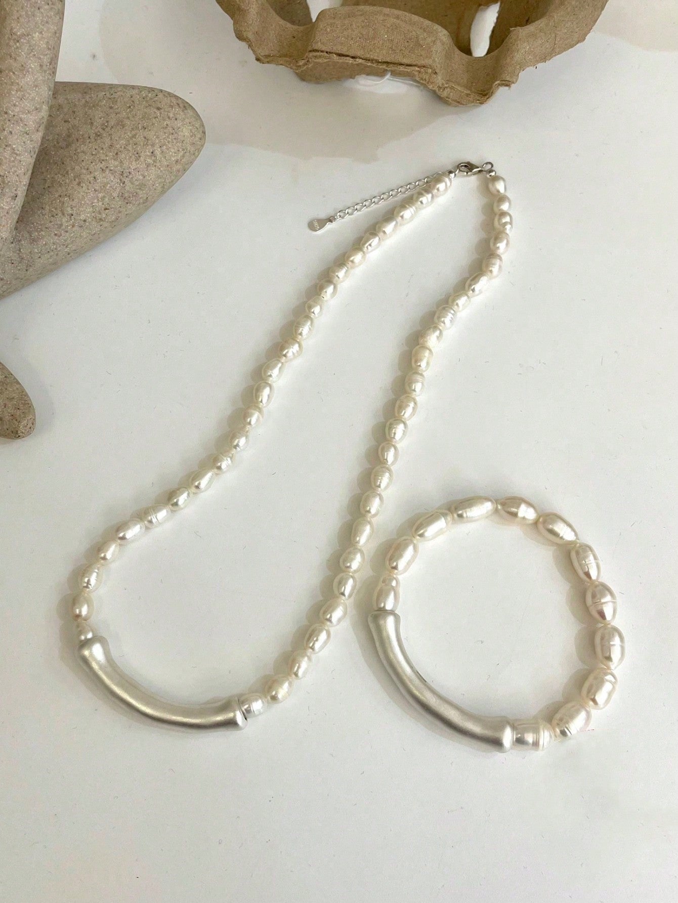 1 Set Of Stylish Handmade S925 Sterling Silver Matched With Natural Freshwater Pearl & Sterling Silver Bamboo Pendant Necklace And Adjustable Elastic Bracelet, 2-Piece Set, Can Be Sold Alone, Simple Yet Unique Design, Trendy And Versatile, Suitable-White-1