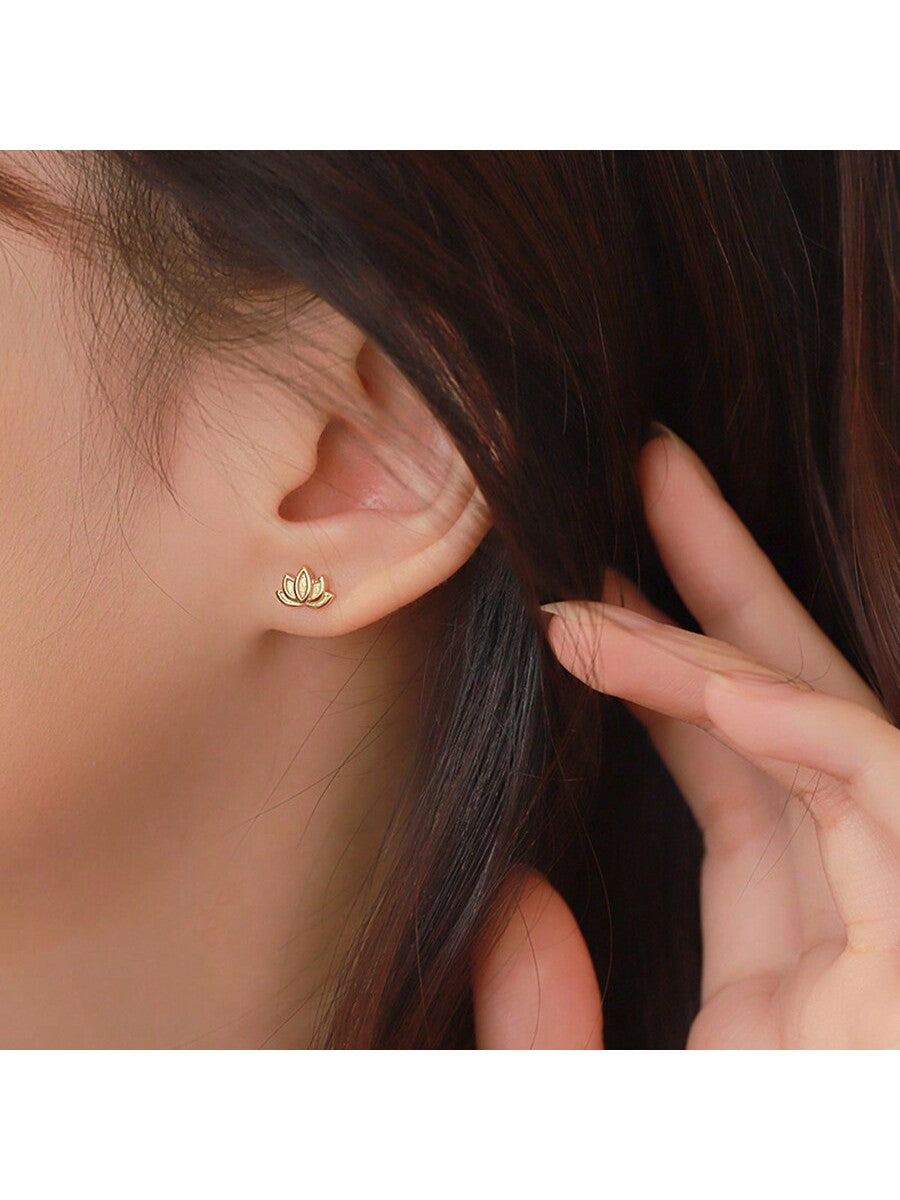 1pair Elegant Exquisite Trendy Lotus Shaped Flower Stud Earrings, Spiritual Jewelry Holiday Gift For Women Girls-Gold-1