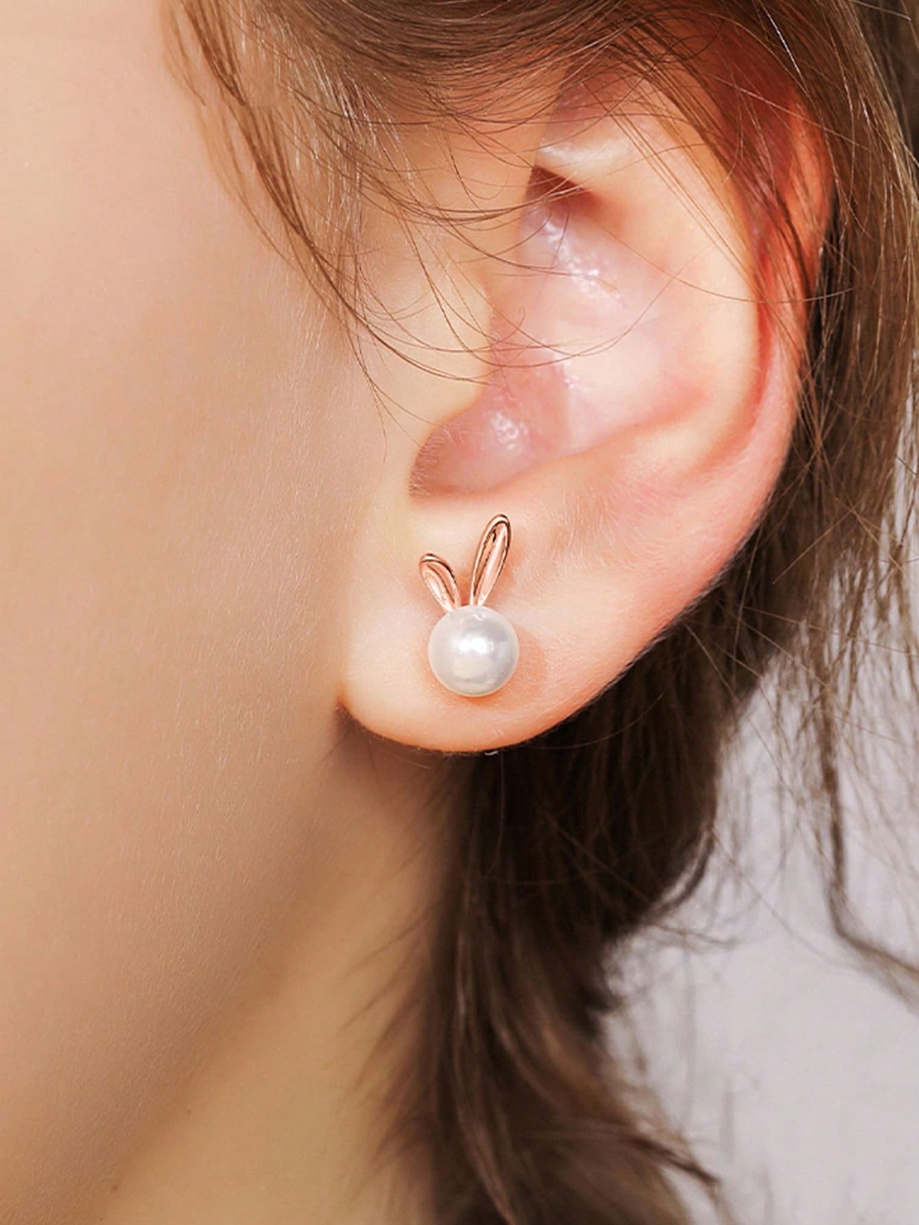 1pair Pearl Decor Rabbit Ears Design S925 Sterling Silver Earrings In Rose Gold-Multicolor-1