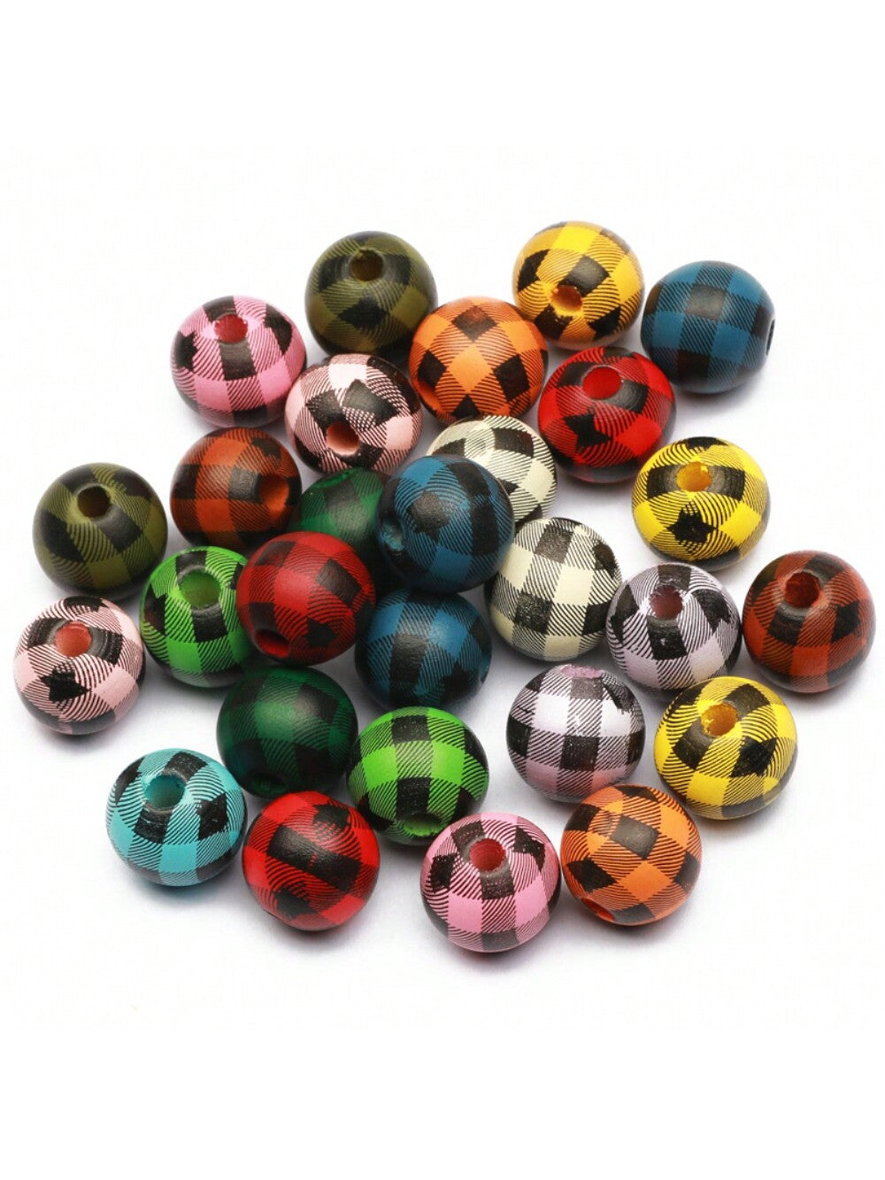 10pcs Grid Pattern Round Wooden Beads For Diy Bracelet, Necklace-Multicolor-1