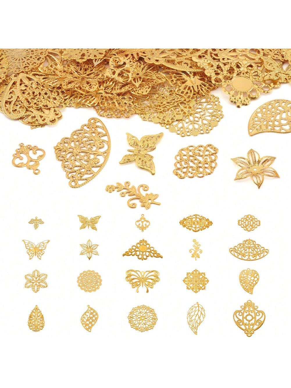 1 Box Of 80pcs Mixed Gold Tone Iron Pendant Set Including Bead Caps And Eyelets, In Shapes Of Leaves, Flowers Butterfly For Women'S Luxurious Jewelry Making, High Cost Performance, Non-Fading Jewelry Accessories-Gold-1