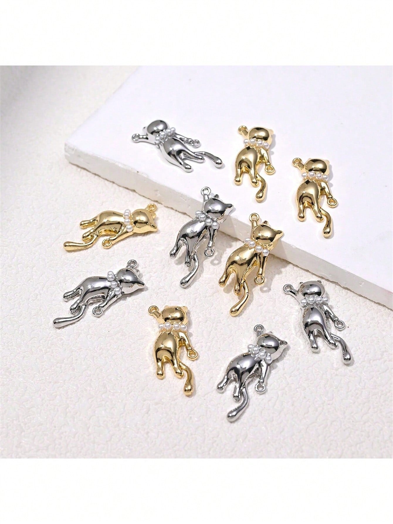 5pcs Gold Tone Metal & Pearl Decor Cat Pendant, Perfect For Making Necklace, Bracelet & Earring-Multicolor-1