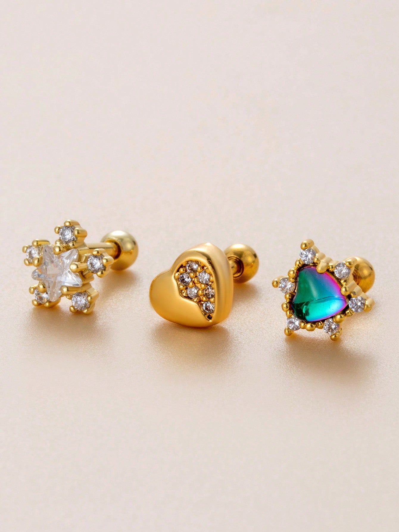 1pc Simple & Fashionable & Versatile Heart & Shape Cartilage Piercing Stud With Rhinestones-Yellow Gold-1