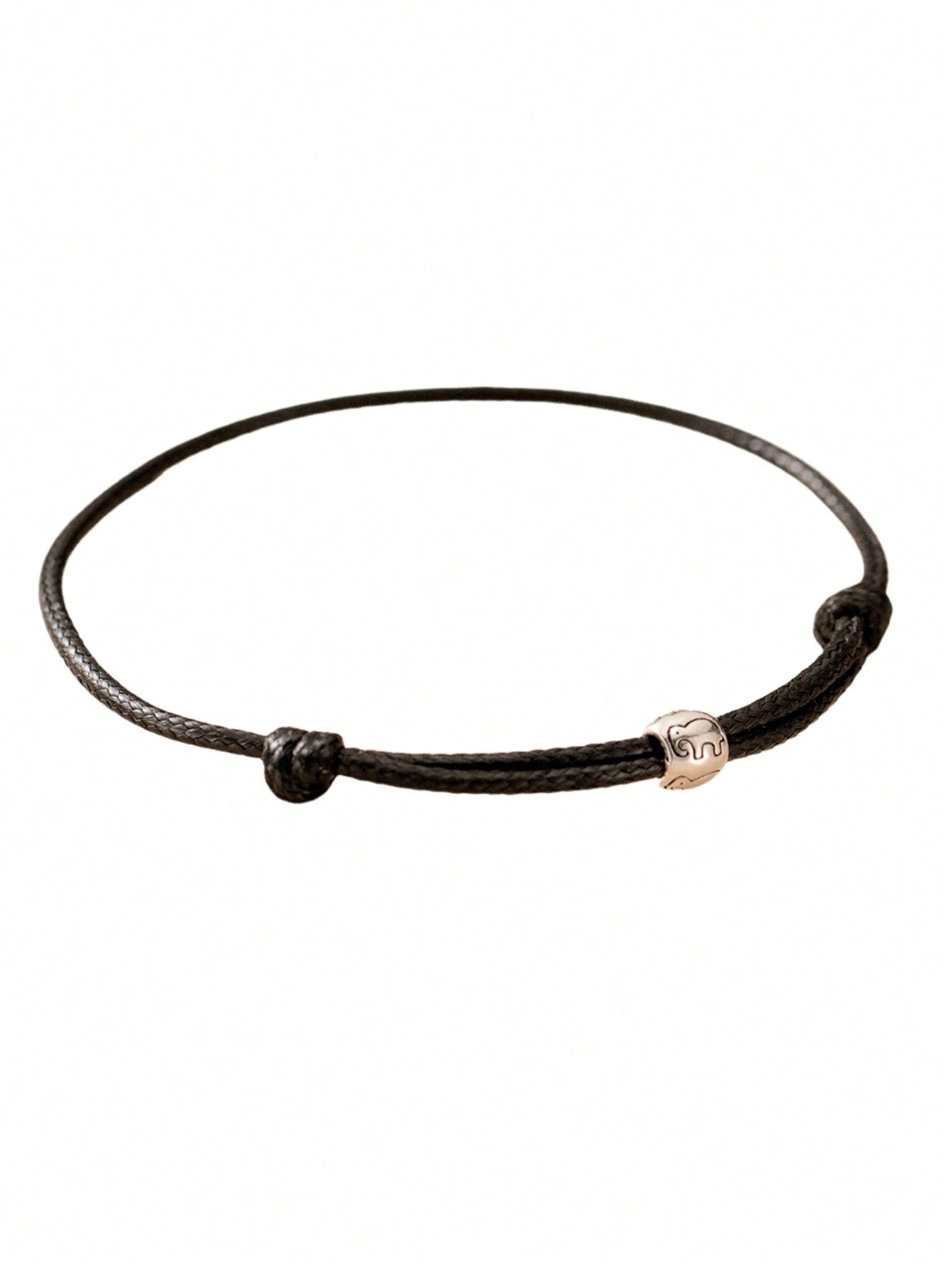 1pc Simple 925 Sterling Silver Thai Silver Elephant Black Woven Adjustable Bracelet Suitable For Daily Wear-Black-1