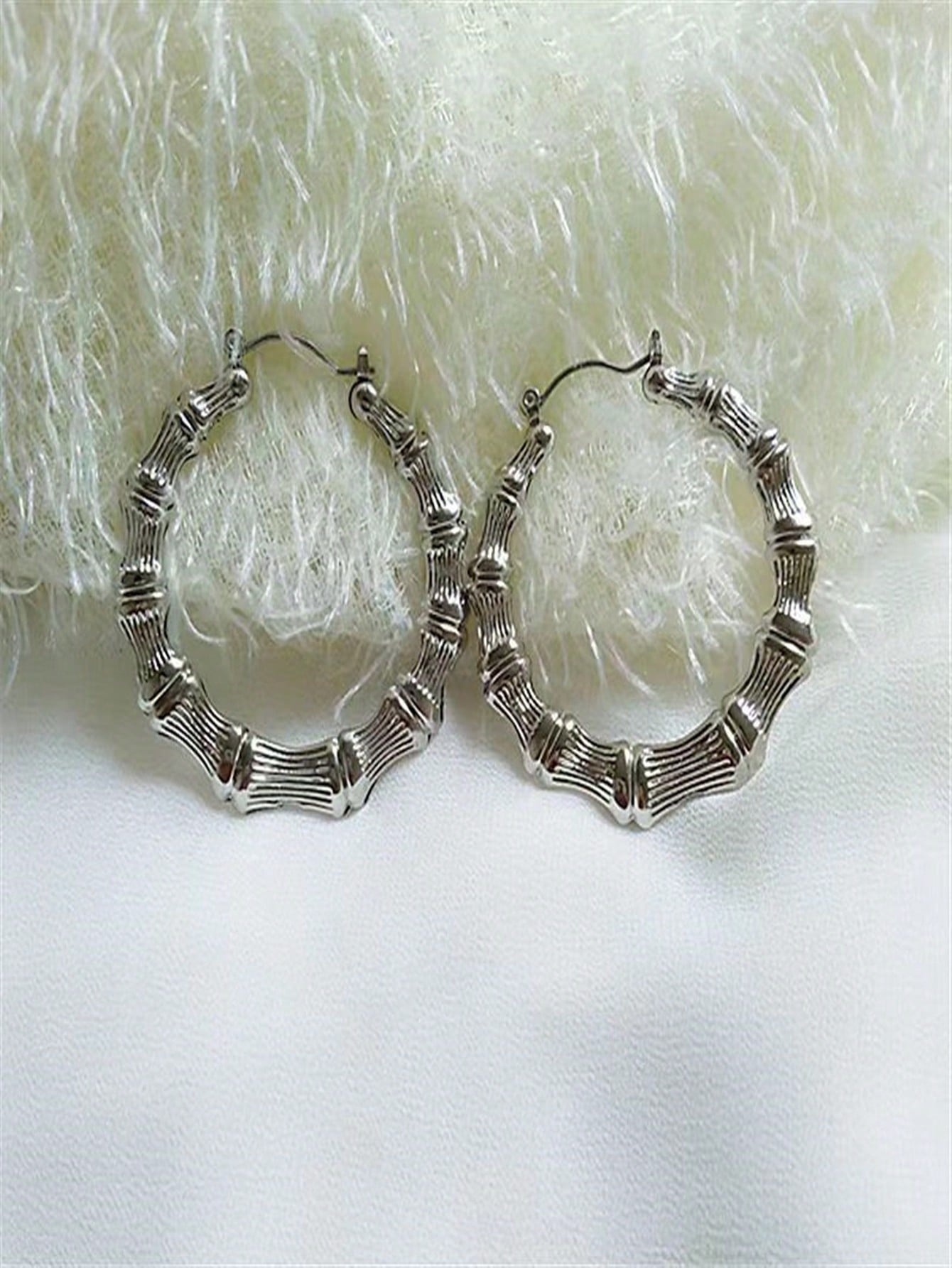 1pair Fashionable Personality Vintage Bamboo Joint Design Hoop Earrings-Silver-1