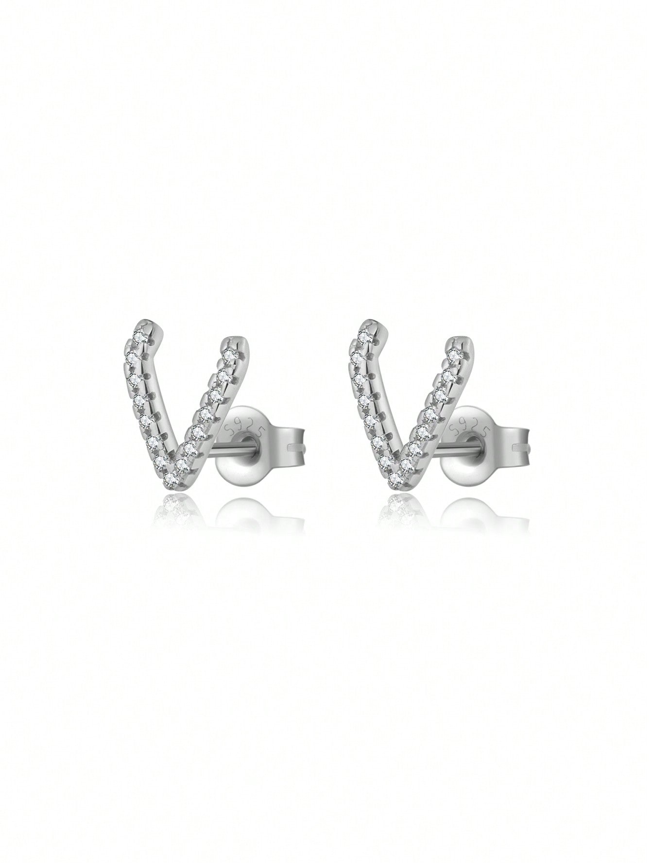 1pair Luxury & Fashionable 925 Sterling Silver & Synthetic V-Shaped Stud Earrings For Women, Punk Rock Style Jewelry Gift-Silver-1