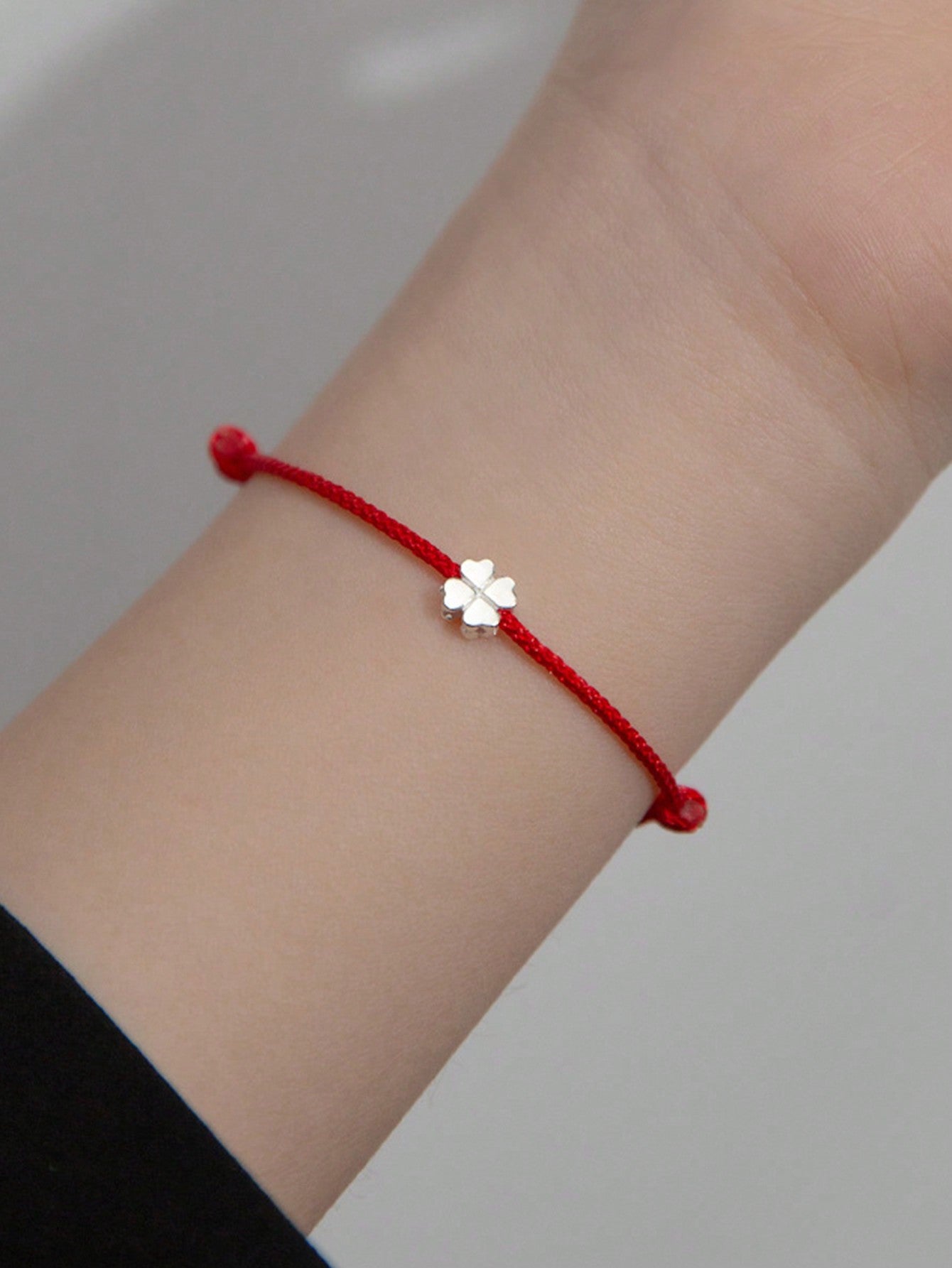 1pc Simple 925 Sterling Silver Four-Leaf Flower Red Woven Bracelet, Adjustable, Suitable For Daily Wear-Red-1