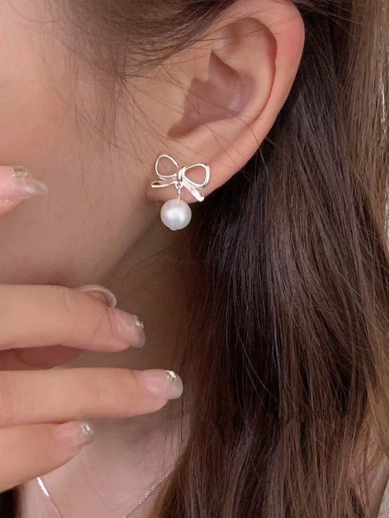 A Pair Of The Sterling S925 Cute Simple Elegant Artificial Pearl Bow Knot  Earrings For Women Girl Fashion Trendy Ear Studs Daliy Life Birthday Jewelry Gift-Silver-1