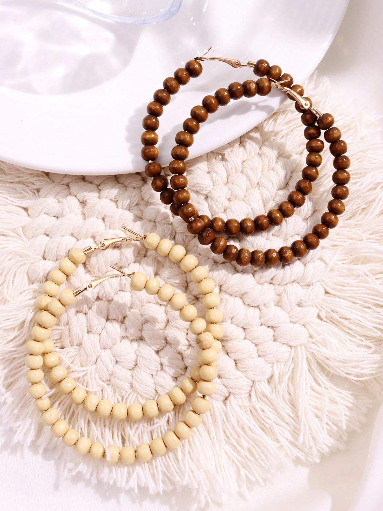 1pair/2pcs Bohemian Vacation Style Wood & Metal Statement Earrings In White And Brown--1