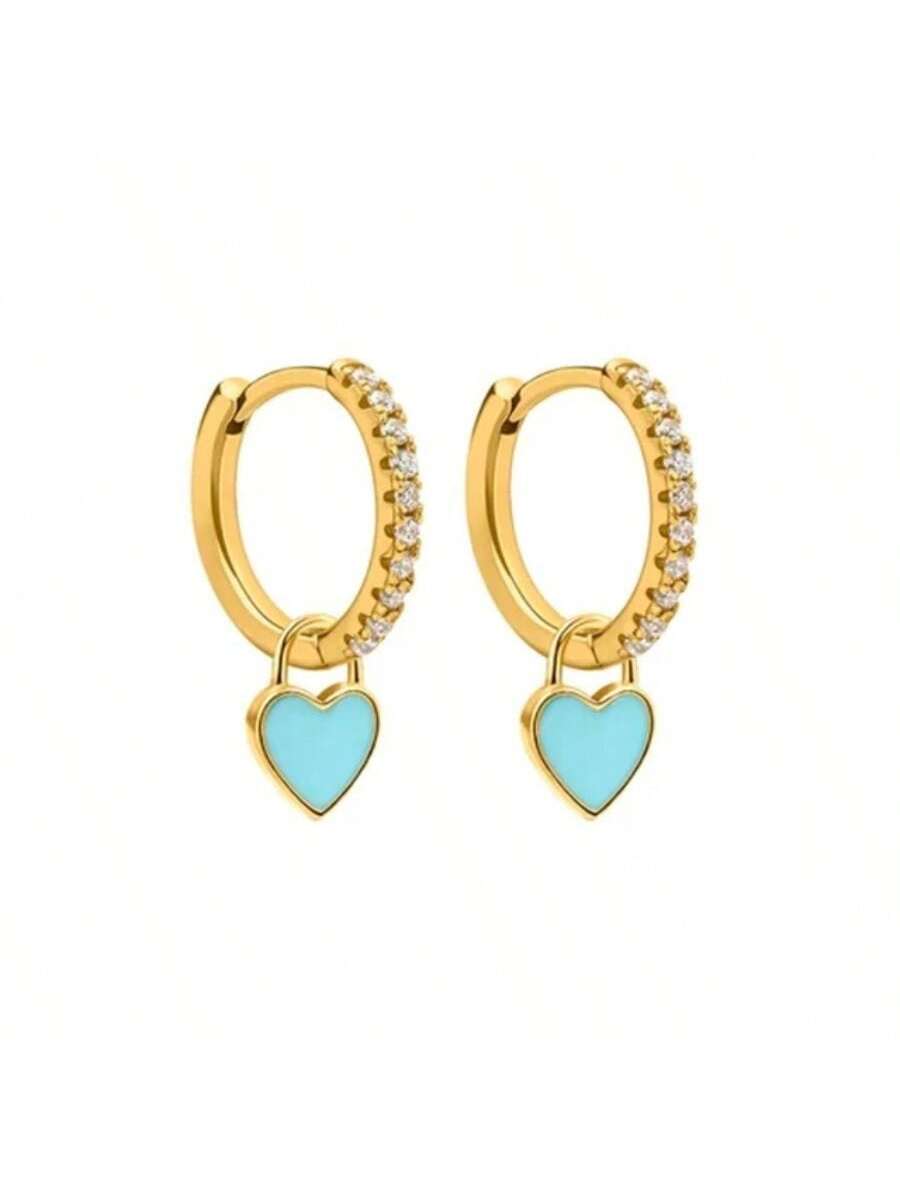 925 Sterling Silver Hoop Earrings With Cute Candy Blue Enamel Heart Shaped Pendant Earrings Gold Girl Party Jewelry Women's Jewelry Gift Christmas Gift Suitable For Birthday Party Casual Places Classic Jewelry Earrings-Royal Blue-1