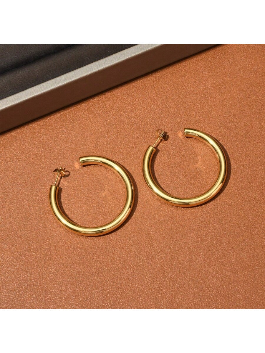 1pair Simple C-Shaped Stainless Steel Hoop Earrings-Yellow Gold-1