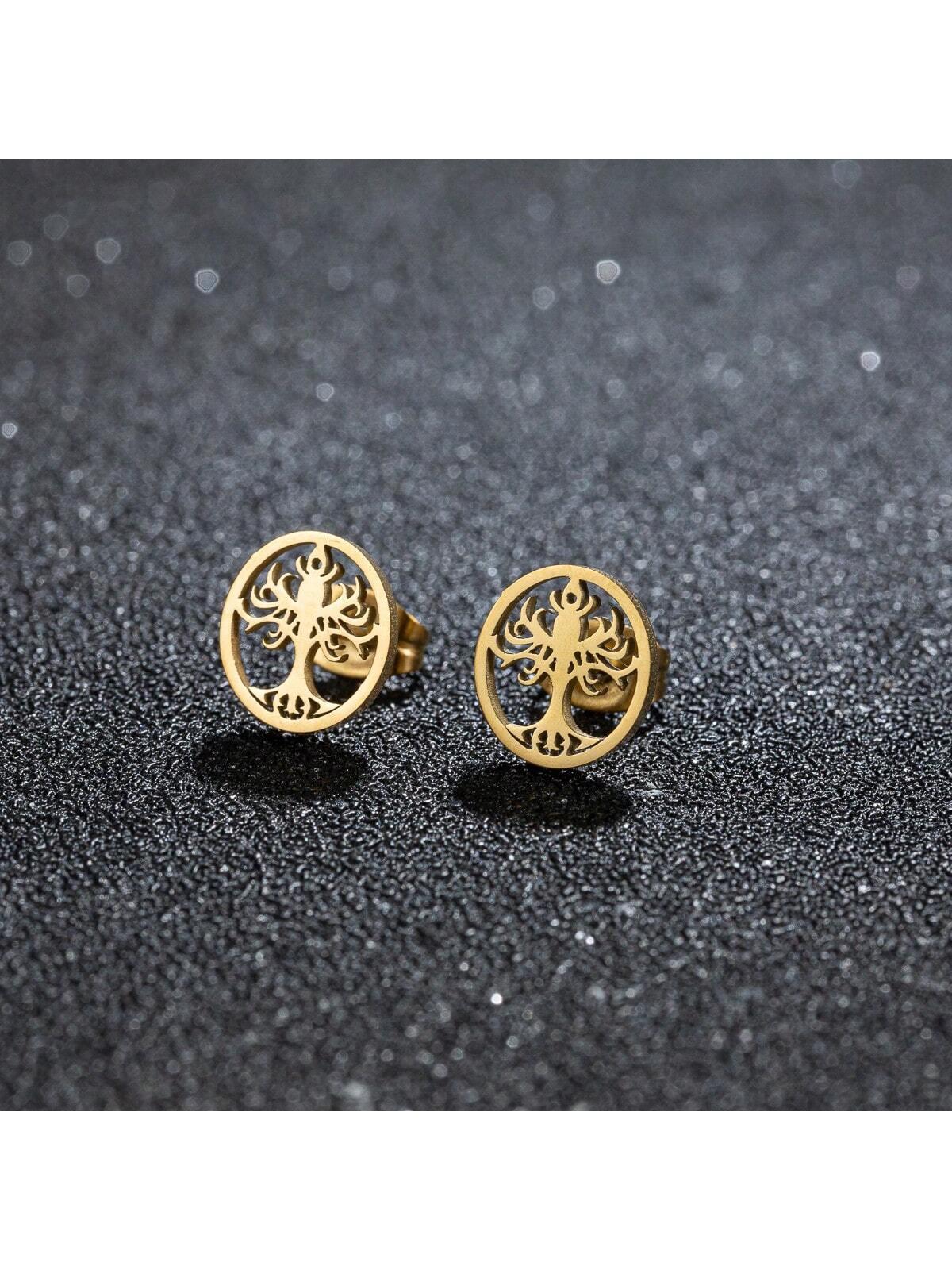 1Pair Tree Of Life Stud Earring Stainless Steel Golden Color Amulet Ear Stud Bohemian Wedding Jewelry Valentine's Day Gift-Gold-1