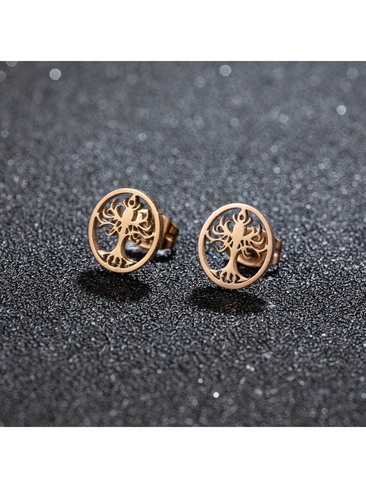 1Pair Tree Of Life Stud Earring Stainless Steel Golden Color Amulet Ear Stud Bohemian Wedding Jewelry Valentine'S Day Gift-Rose Gold-1