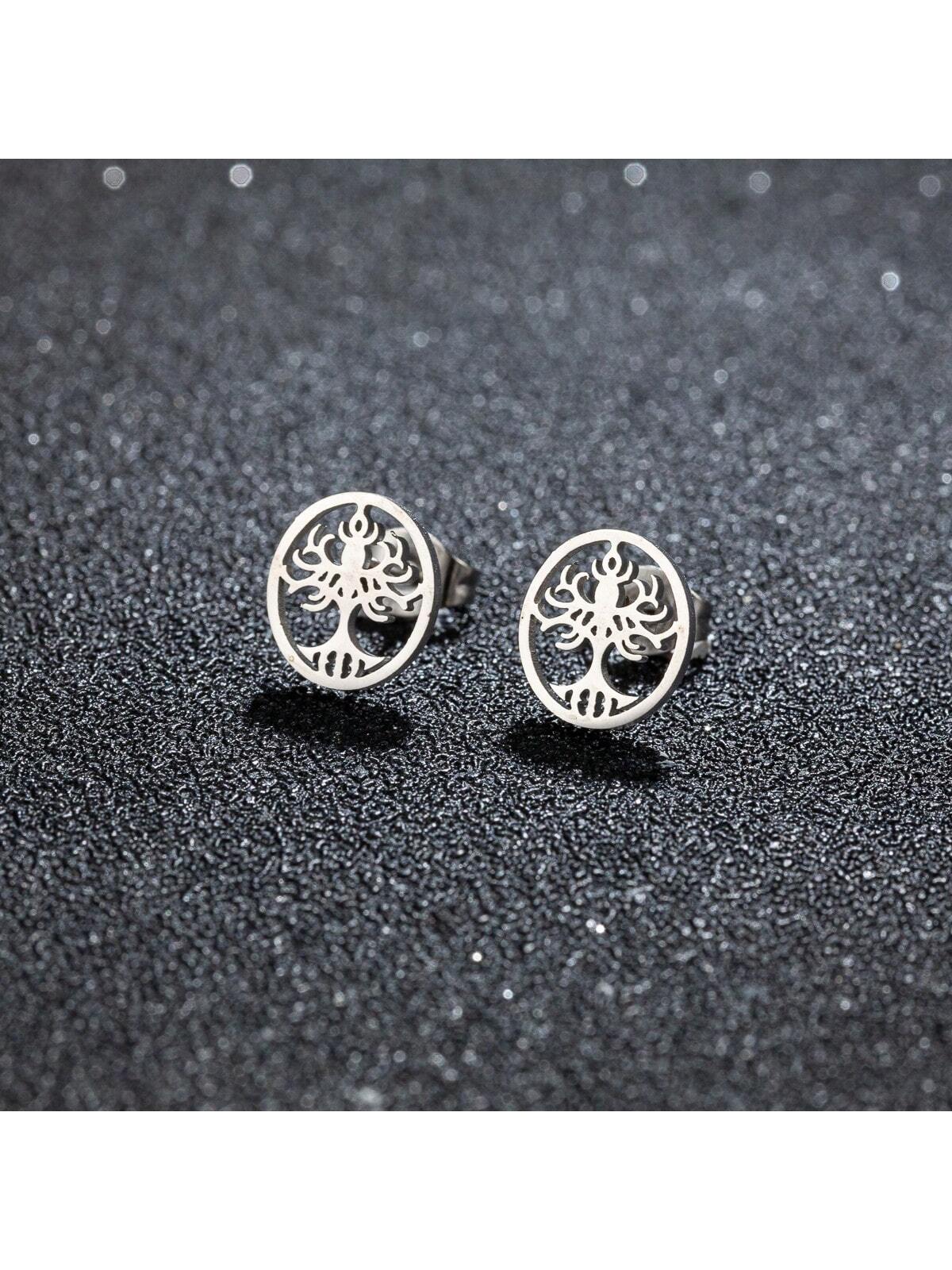 1Pair Tree Of Life Stud Earring Stainless Steel Golden Color Amulet Ear Stud Bohemian Wedding Jewelry Valentine'S Day Gift-White-1