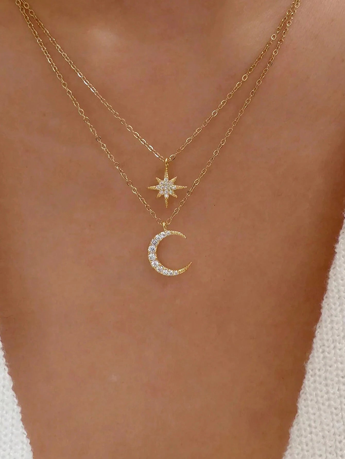 PC 925 Sterling Silver Double Layer Stackable Women's Necklaces Faux Pearl Cubic Zirconia Star Moon Heart Pendant Choker Chain Fine Jewelry