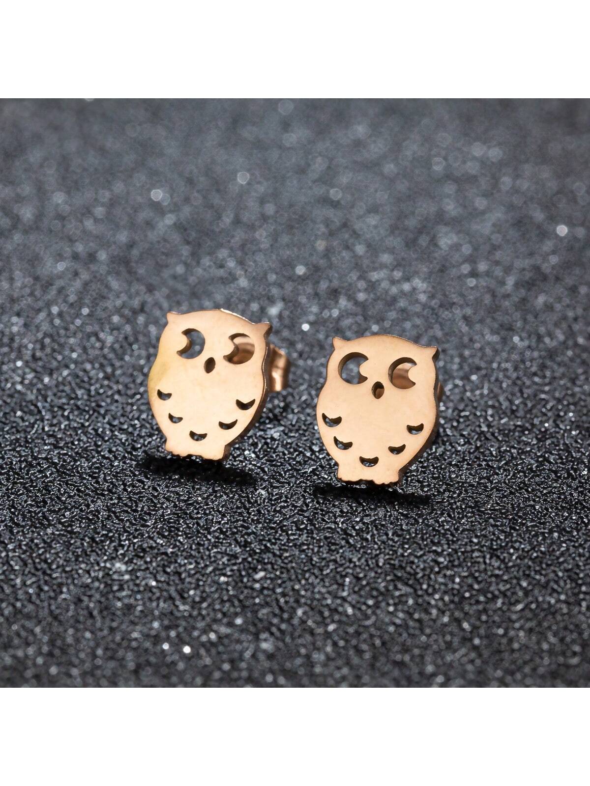 1Pair Punk Stainless Steel Owl Earrings For Women Fashion Cute Animal Earings Jewelrys Owl Studs Pendientes Accessories-Rose Gold-1