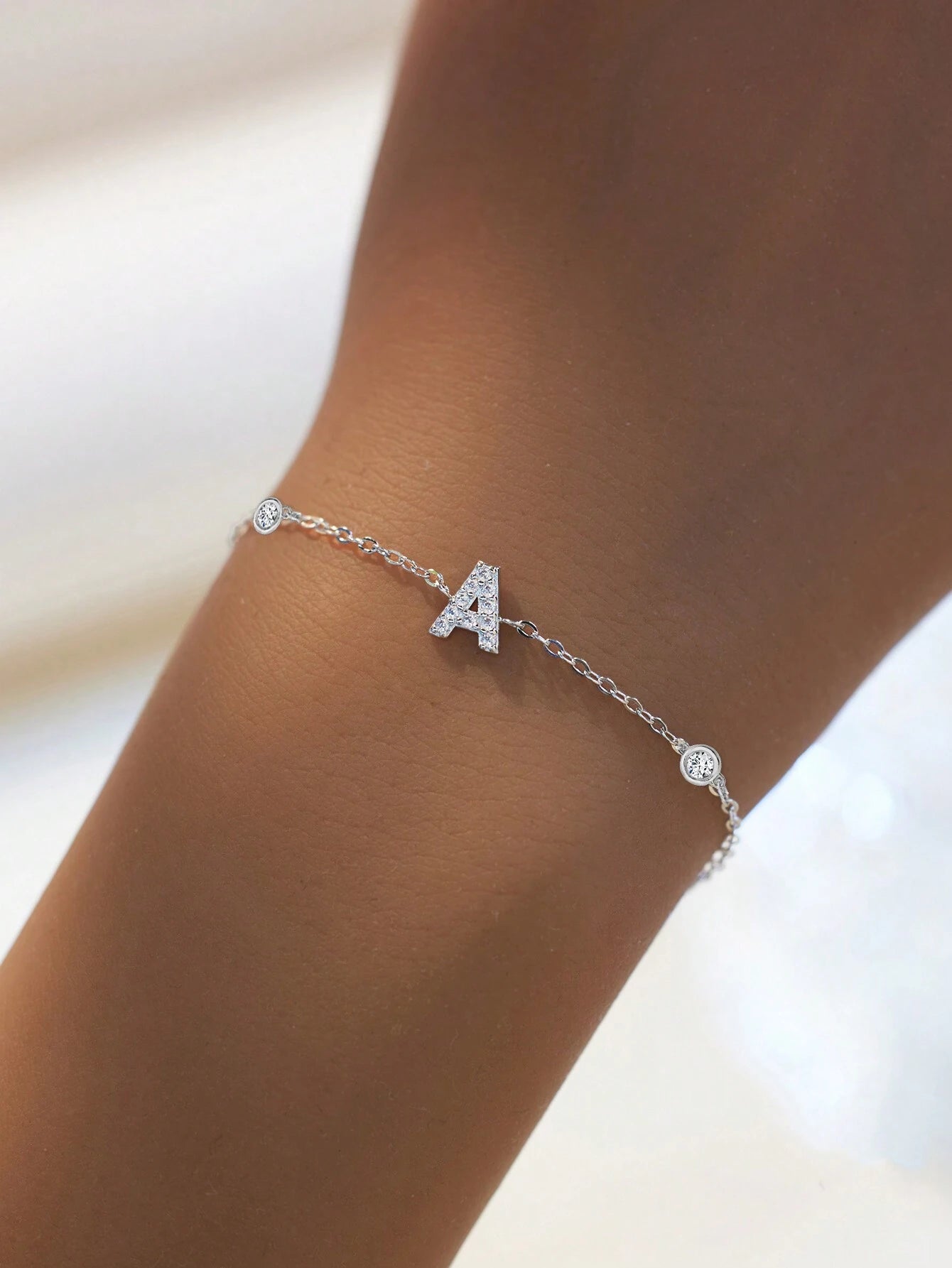 pc 925 Sterling Silver Minimalist Cubic Zirconia Artificial 26 Letters A-z Bracelet