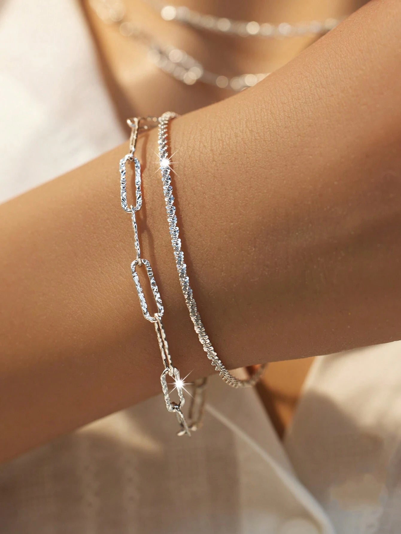 SYMFNY 1pc 925 Silver Double Layer Sparkling Bracelet