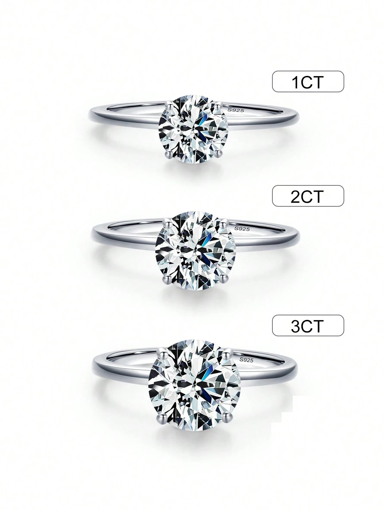 pc 925 Sterling Silver Luxury Sparkling Round Cubic Zirconia CT 2CT 3CT Finger Ring For Women Wedding Engagement Jewelry Gift Bridal Jewelry