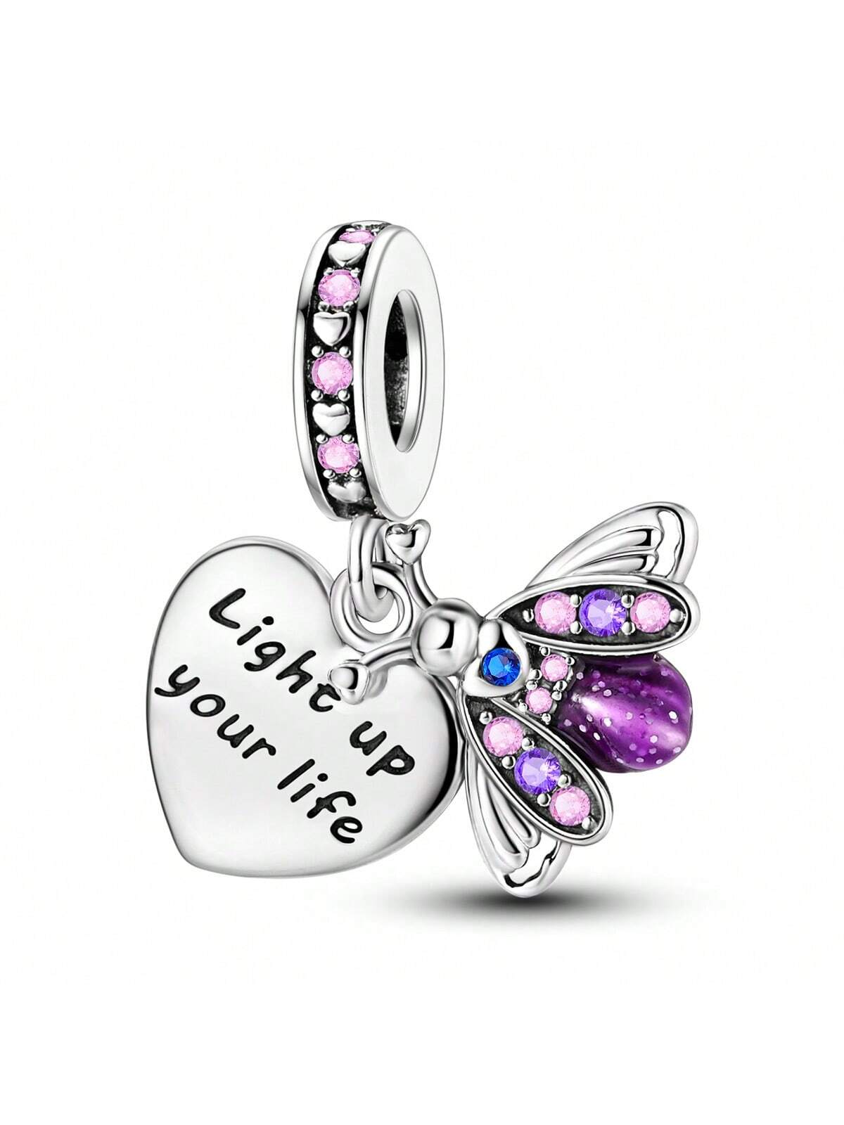 1pc Silver-Plated Pinkish Purple Glow In The Dark & Oil Dripping & Cubic Zirconia Shiny Firefly Design Pendant, Suitable For Diy Bracelet/Necklace Making--1