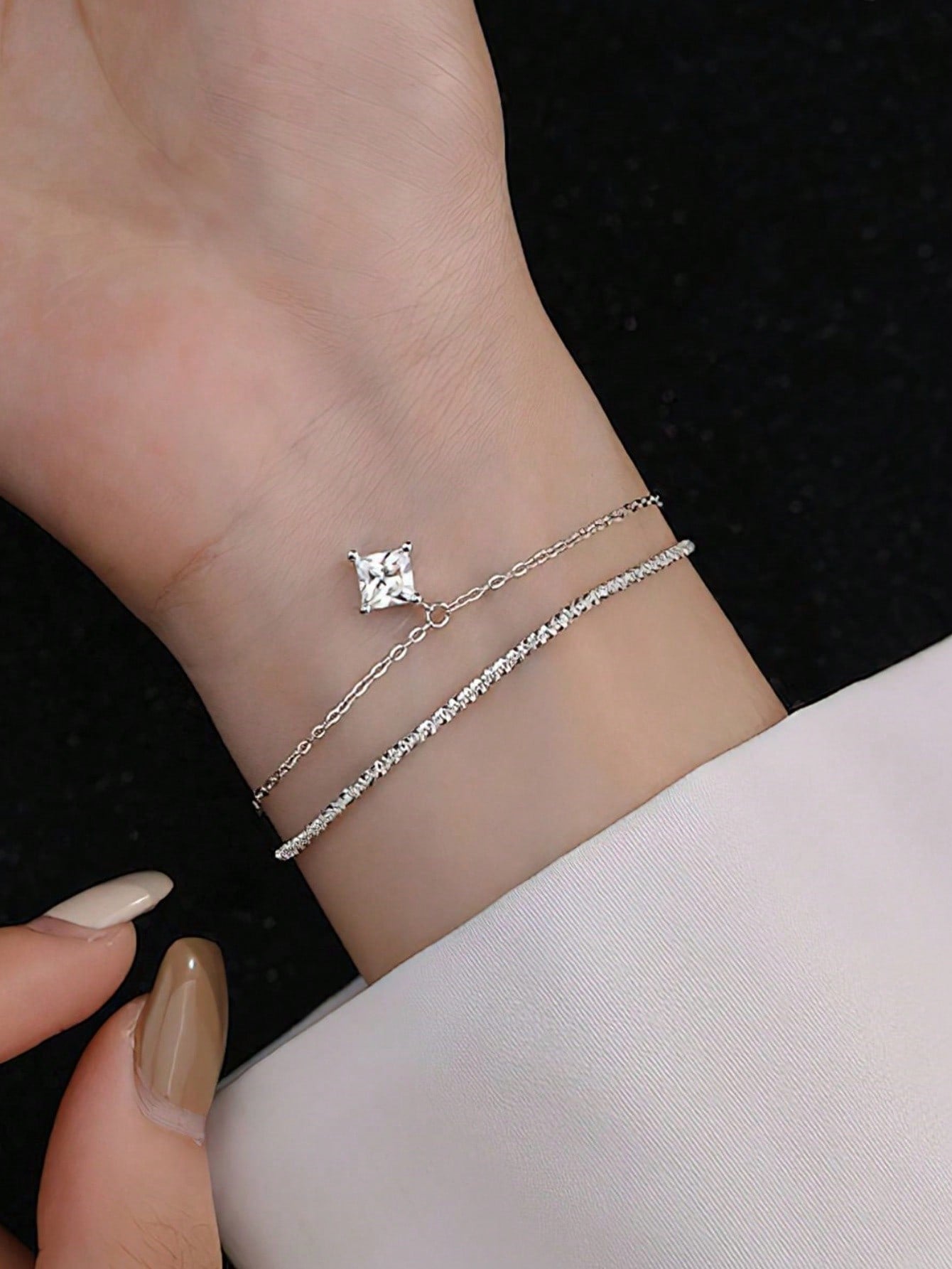 1 Pc Temperament & Simple S925 Sterling Silver Double-Layer Sparkling Star Diamond Bracelet Ins Style Niche Design Hand Chain Jewelry Accessories Gift For Girl/Women/Girlfriend/Mother Fine Jewelry Daily Wear-Silver-1