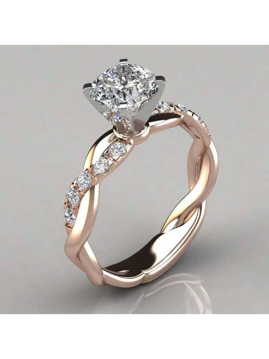 1pc Fashionable Rose Gold Princess Cut/Milled Edge Engagement/Wedding Ring With Square Rhinestone For Women-Rose Gold-1