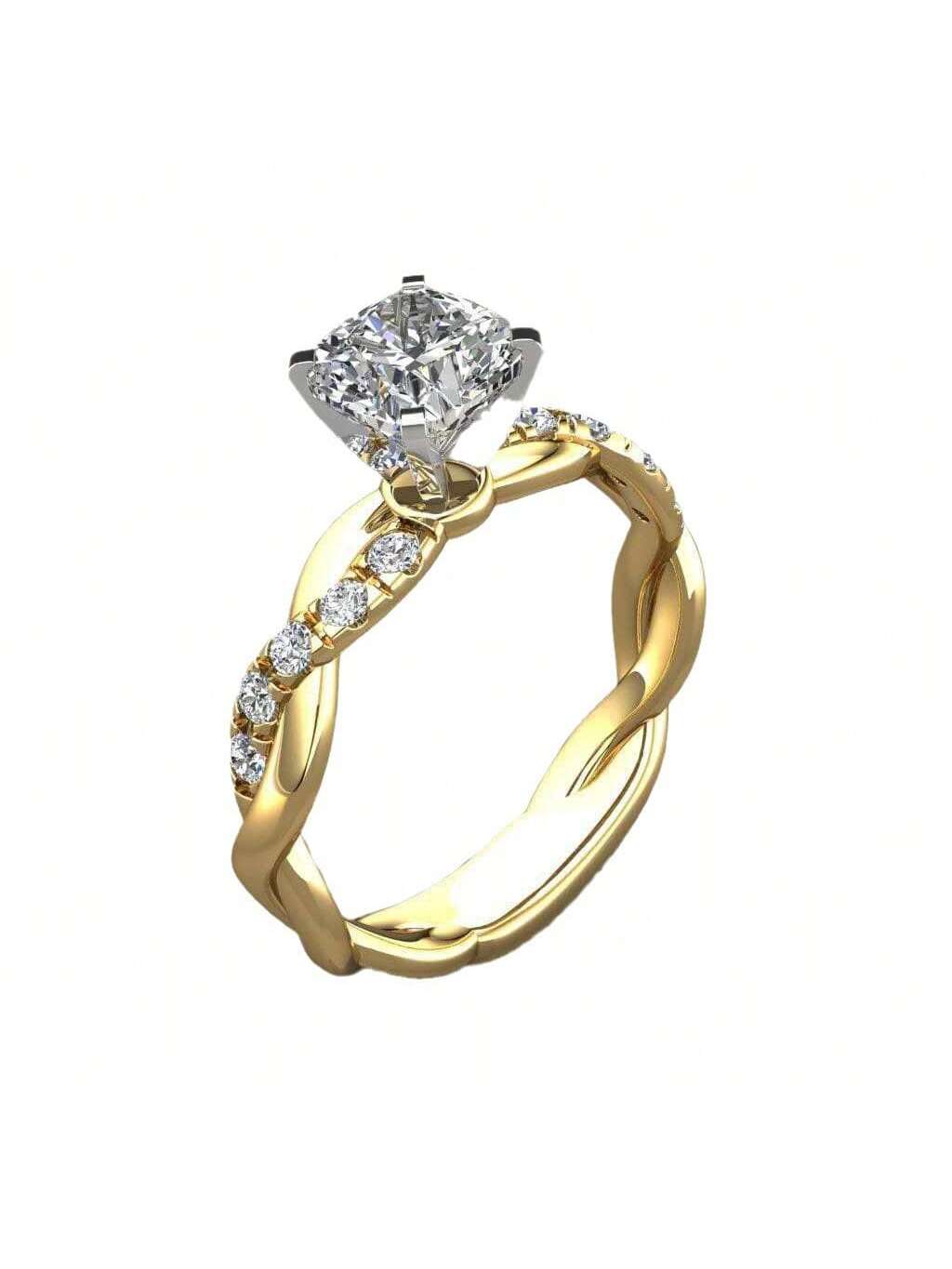 1pc Fashionable & Elegant Princess Cut/Milgrain Engagement & Wedding Ring For Women-Gold-1