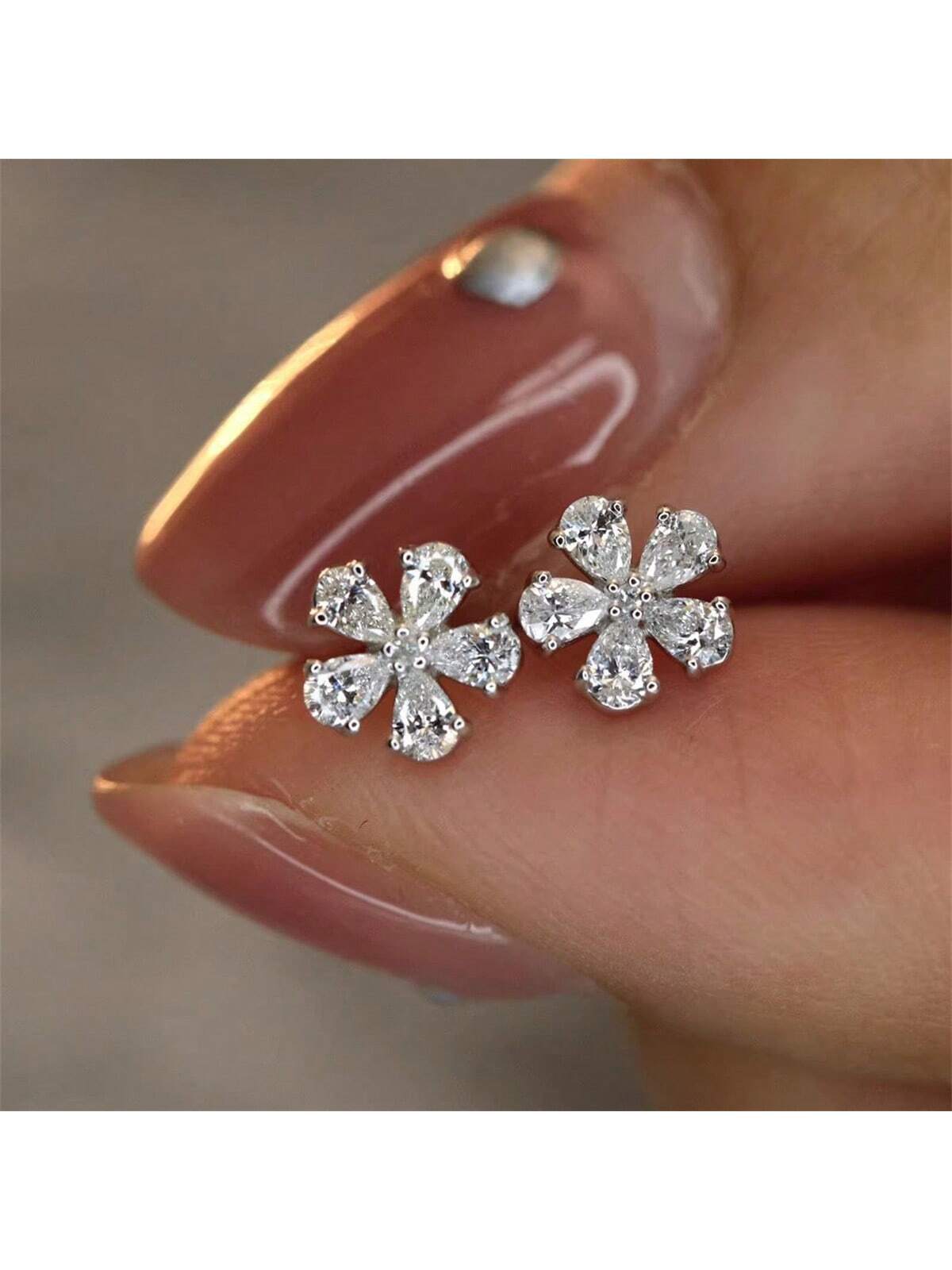 S925 Sterling Silver Water Drop Shape Cubic Zirconia Sakura Ear Studs, Women's Elegant And Simple Earrings