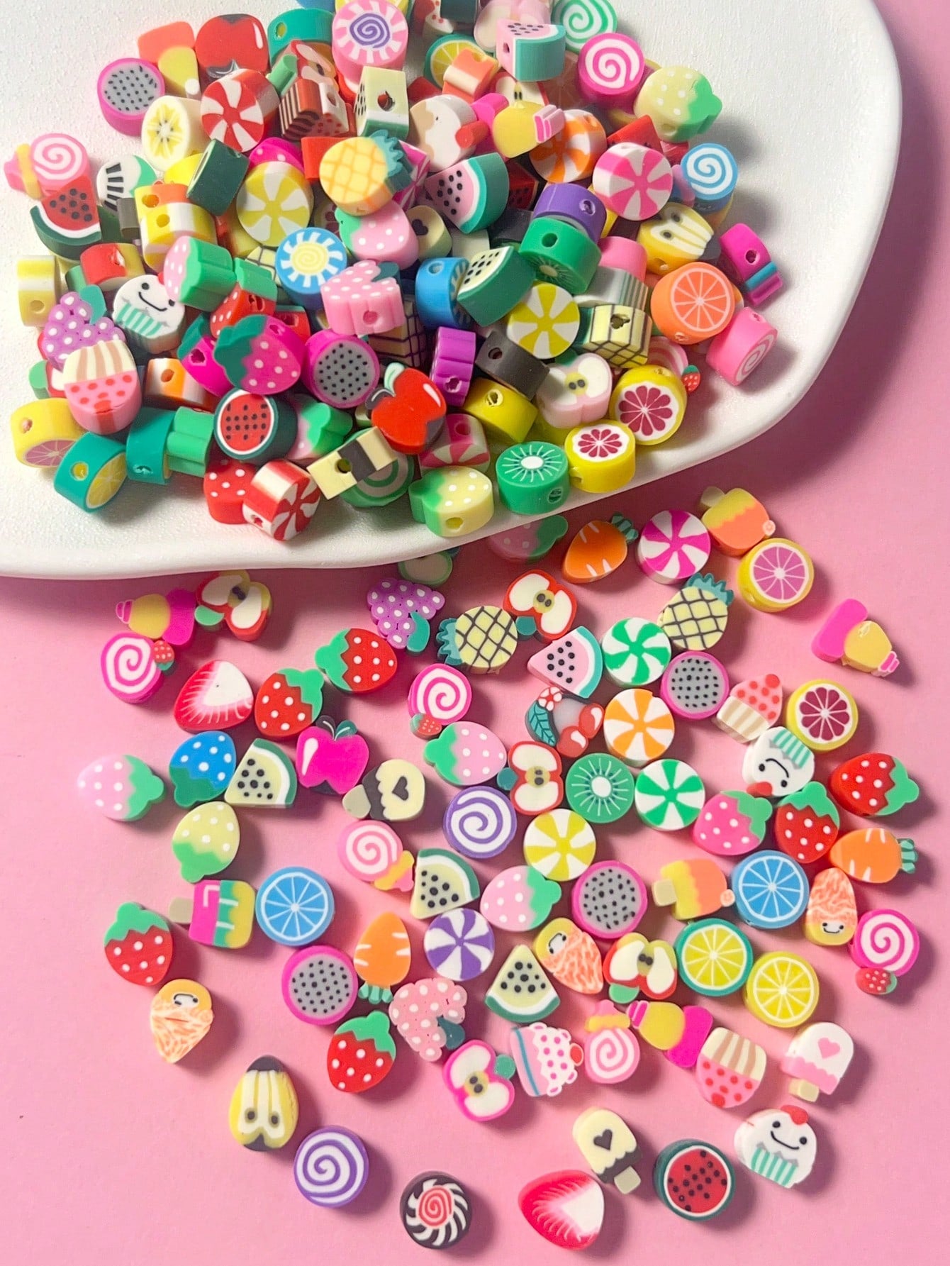 100pcs Fashionable Fruit & Candy Shaped Soft Pottery Beads For Bracelet, Necklace Making ( Random Style Sent)-Multicolor-1