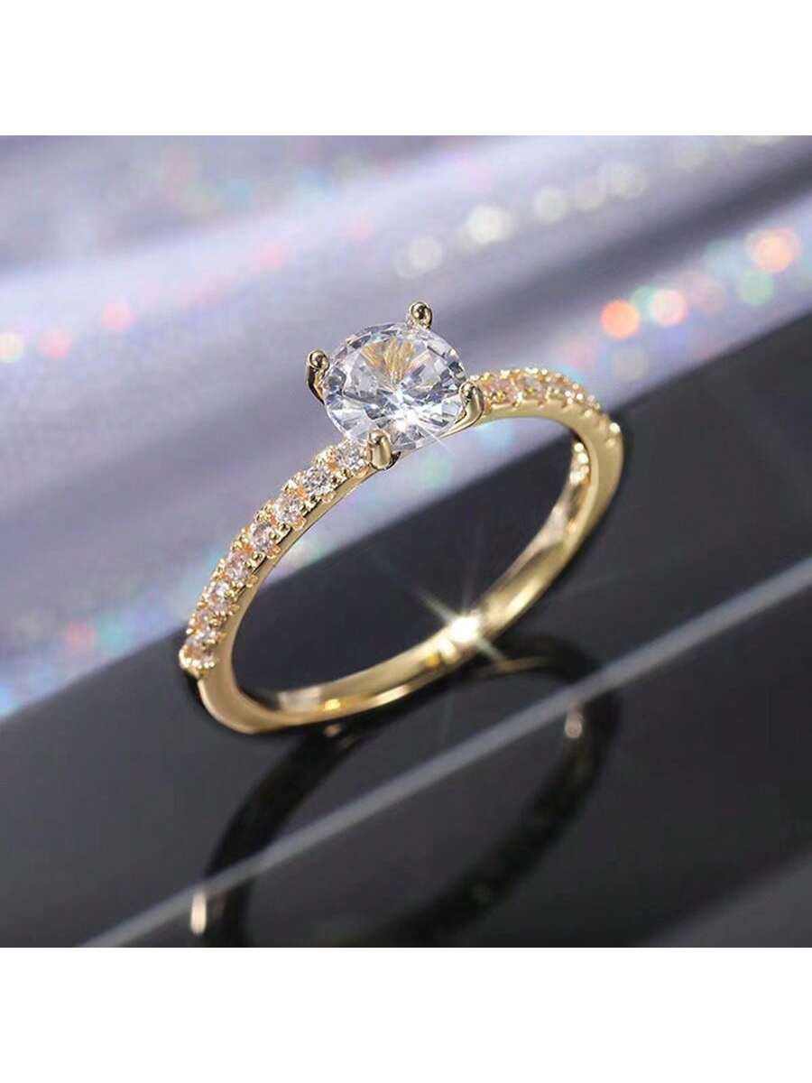 1pc Fashionable & Elegant Rose Gold Plated Engagement Round Rhinestone Ring For Women's Wedding Ceremony-Gold-1